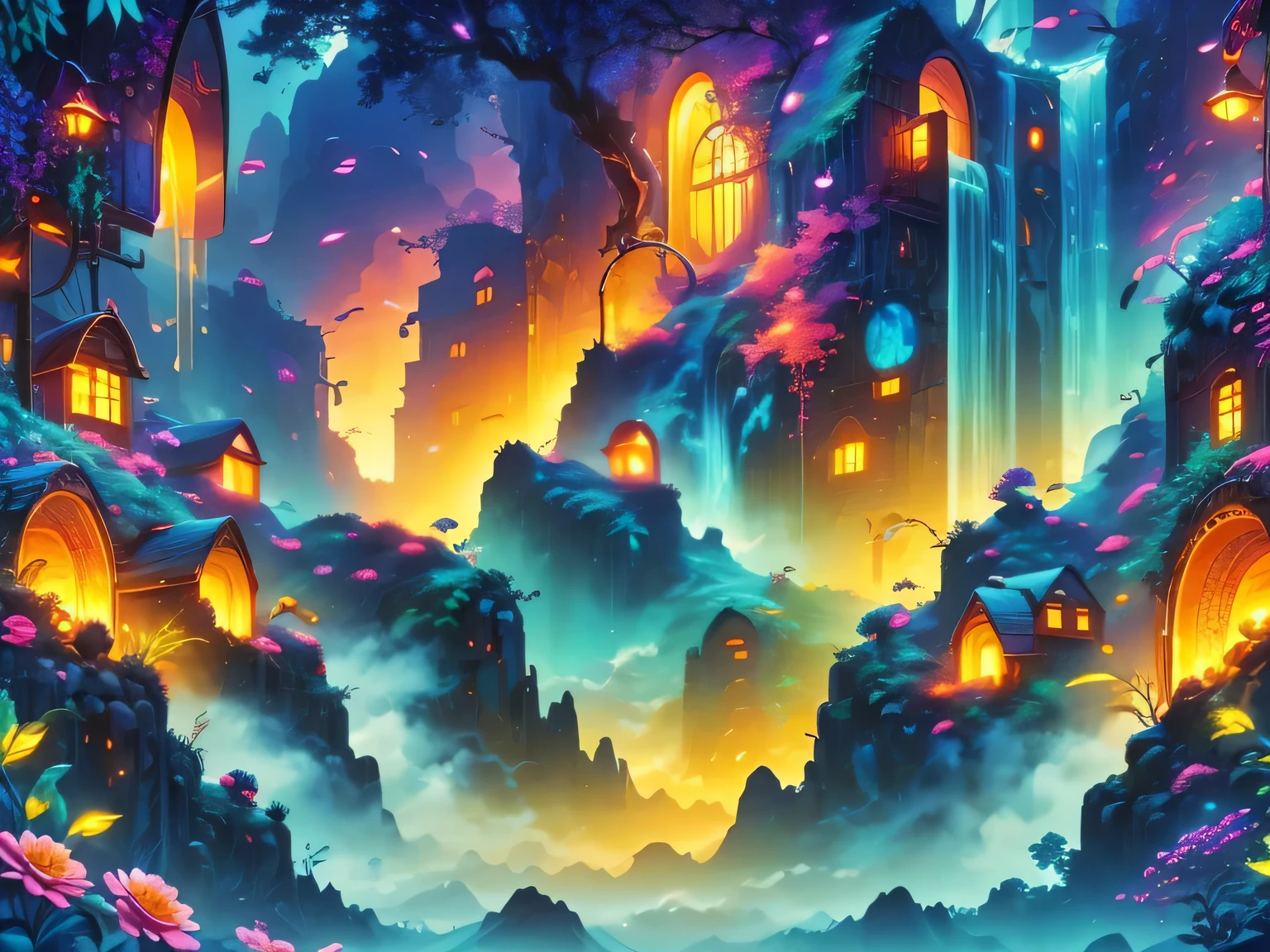 A surreal alien landscape,interstellar travel，Magnificent starry sky，beautiful all around、Vibrant、Colorful。The screen shows strange alien flowers of various shapes and sizes.，and a rich variety of delicious alien fruits。highest image quality，Resolution is 4k or 8k，Capture every detail perfectly。The picture is extremely detailed，Presented in a realistic way，Bringing a truly immersive experience。This work combines illustration techniques and 3D rendering，Created a visually stunning、Works of great skill。Bright colors，Enhances the surreal feel of the landscape。The lighting design is very detailed，Demonstrates complex changes in light and shadow，Adds layer and depth to the scene。The work evokes curiosity and awe in the viewer，Taking the audience into a magical and surreal realm，Where the beauty of nature takes on a whole new meaning。