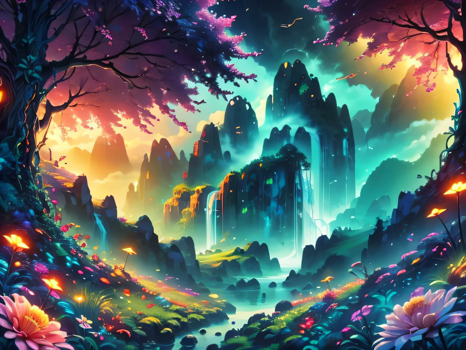 A surreal alien landscape，beautiful all around、Vibrant、Colorful。The screen shows strange alien flowers of various shapes and sizes.，and a rich variety of delicious alien fruits。highest image quality，Resolution is 4k or 8k，Capture every detail perfectly。The picture is extremely detailed，Presented in a realistic way，Bringing a truly immersive experience。This work combines illustration techniques and 3D rendering，Created a visually stunning、Works of great skill。Bright colors，Enhances the surreal feel of the landscape。The lighting design is very detailed，Demonstrates complex changes in light and shadow，Adds layer and depth to the scene。The work evokes curiosity and awe in the viewer，Taking the audience into a magical and surreal realm，Where the beauty of nature takes on a whole new meaning。