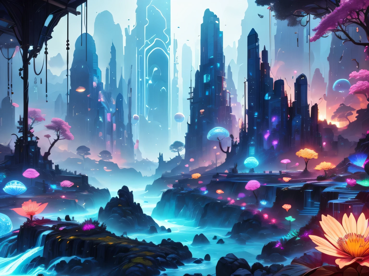 A surreal and exotic landscape，beautiful all around、Vibrant、Colorful。The screen shows strange alien flowers of various shapes and sizes.，and a rich variety of delicious alien fruits。highest image quality，Resolution is 4k or 8k，Capture every detail perfectly。The picture is extremely detailed，Presented in a realistic way，Bringing a truly immersive experience。This work combines illustration techniques and 3D rendering，Created a visually stunning、Works of great skill。Bright colors，Enhances the surreal feel of the landscape。The lighting design is very detailed，Demonstrates complex changes in light and shadow，Adds layer and depth to the scene。The work evokes curiosity and awe in the viewer，Taking the audience into a magical and surreal realm，Where the beauty of nature takes on a whole new meaning。