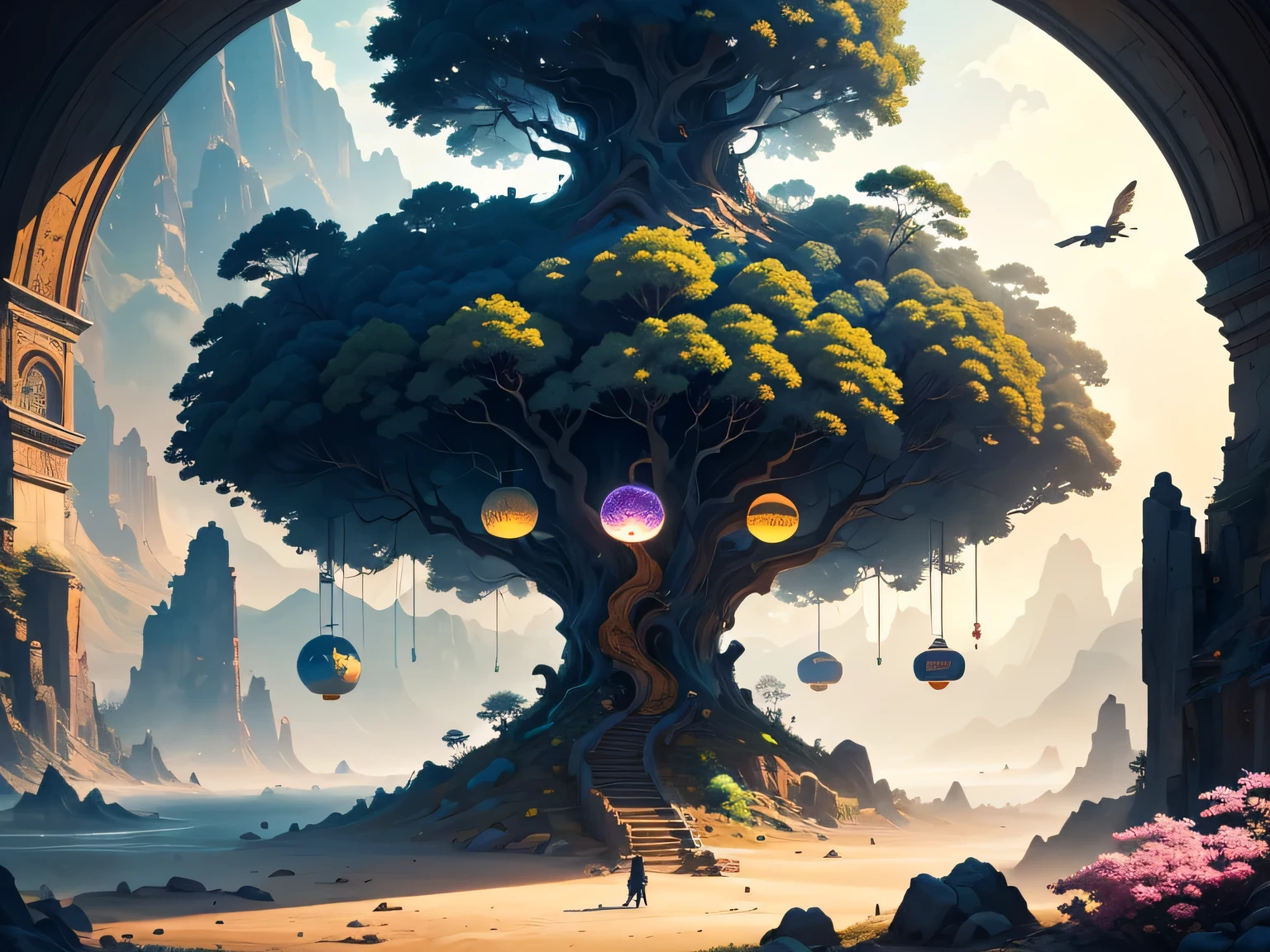 A surreal and exotic landscape，beautiful all around、Vibrant、Colorful。The screen shows strange alien flowers of various shapes and sizes.，and a rich variety of delicious alien fruits。highest image quality，Resolution is 4k or 8k，Capture every detail perfectly。The picture is extremely detailed，Presented in a realistic way，Bringing a truly immersive experience。This work combines illustration techniques and 3D rendering，Created a visually stunning、Works of great skill。Bright colors，Enhances the surreal feel of the landscape。The lighting design is very detailed，Demonstrates complex changes in light and shadow，Adds layer and depth to the scene。The work evokes curiosity and awe in the viewer，Taking the audience into a magical and surreal realm，Where the beauty of nature takes on a whole new meaning。