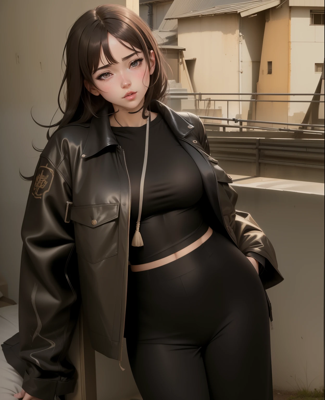 A woman in a black top and black pants posing for a picture - SeaArt AI