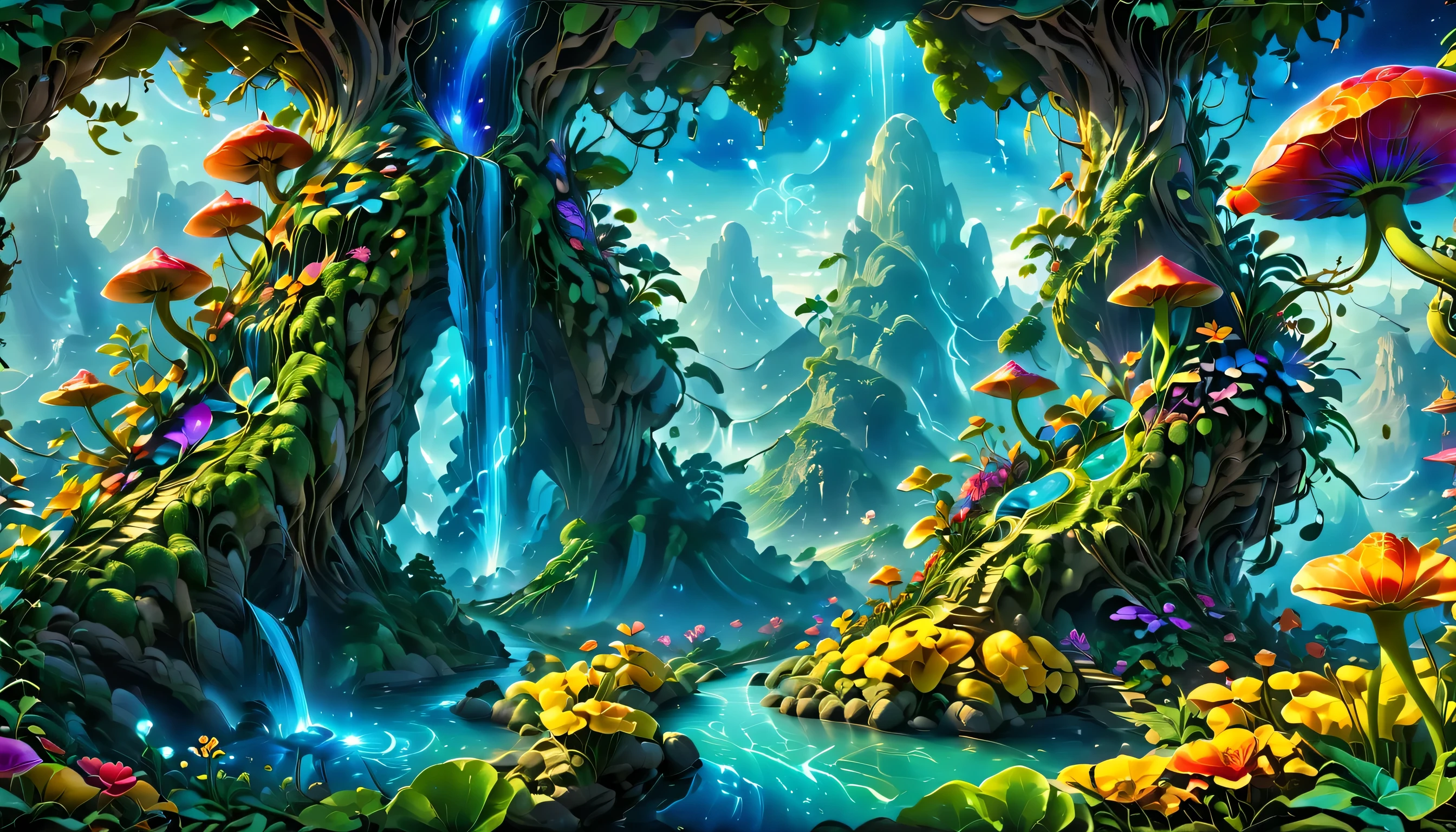 （best quality，4k，8k，HD，masterpiece：1.2），Super detailed，lifelike，alien landscape，beauty，Colorful，original，otherworldly，exotic，alien creature，dense vegetation，otherworldly plants and flowers，glowing mushroom，floating rocks，bioluminescent organisms，ethereal atmosphere，unusual geological formations，crystal-like structure，Alien sky with multiple moons and nebulae，strange constellations，amazing wildlife，unexplored terrain，Vivid and contrasting colors，Weird lighting effects，The ruins of an unknown civilization，alien architecture，energy ball，beam，alien energy，Celestial energy，Peaceful and mysterious atmosphere，spectacular view，majestic mountains，Fall，Surreal reflections，coexisting alien creature，Alien life forms with unique characteristics，close celestial body，strange celestial event，a profound sense of wonder and awe，Intrepid explorer discovers secrets of alien world，infinite possibilities。