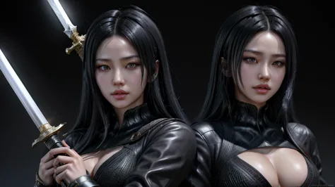 an asian woman holding a sword with black hair, 3d artist, 3d model, in the style of realistic and hyper-detailed renderings, an...