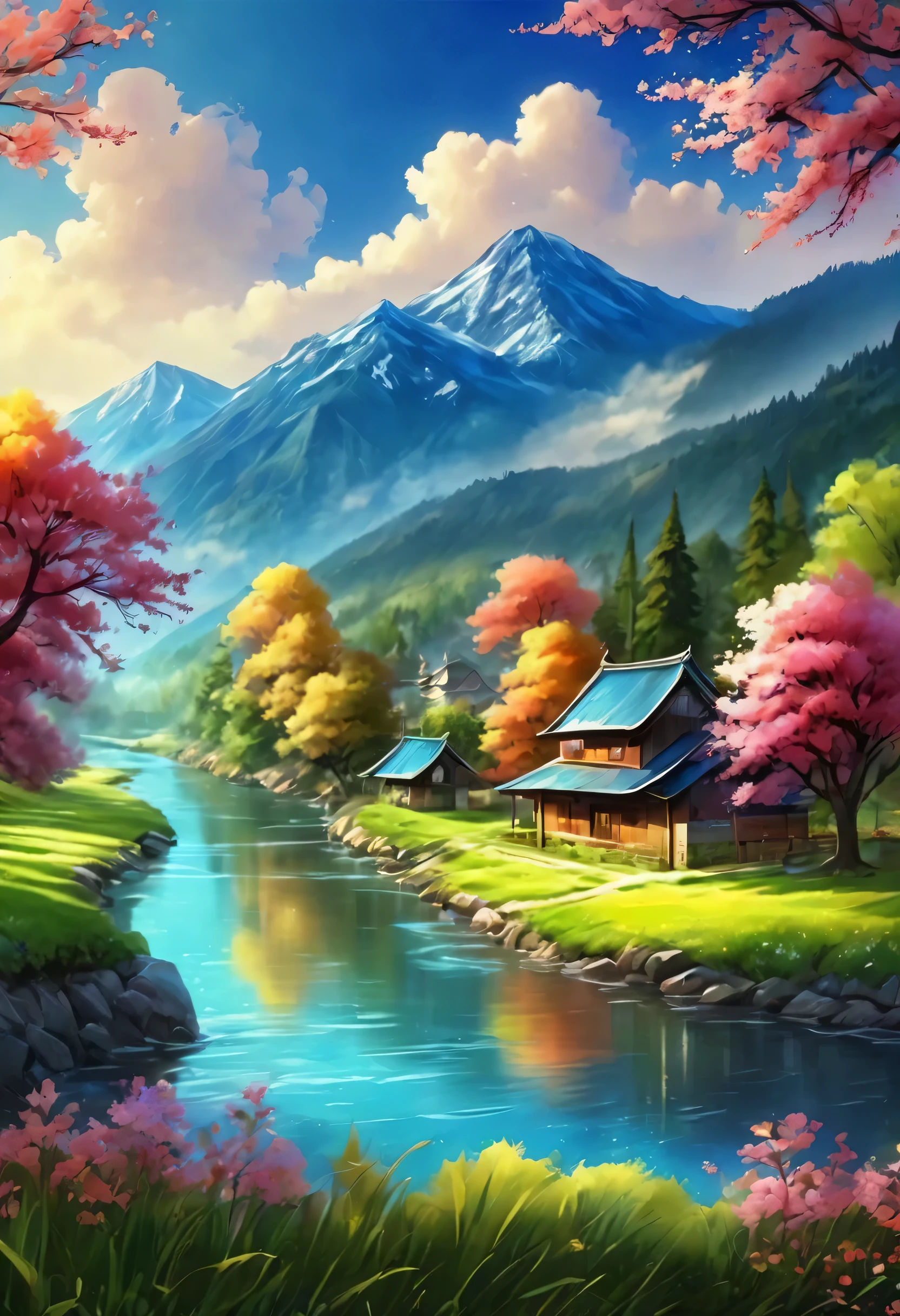 Dessine une rivière et un petit village, Anime belle scène paisible, très beau paysage, oeuvre de paysage, Détails de l&#39;art du paysage, Très bel art numérique, beauté du paysage naturel, Bel art ultra hd 4k, Très belles photos, Belle nature, papier peint paysage, really Belle nature, belle œuvre d&#39;art numérique, Beau fond, cerisier, Style animé