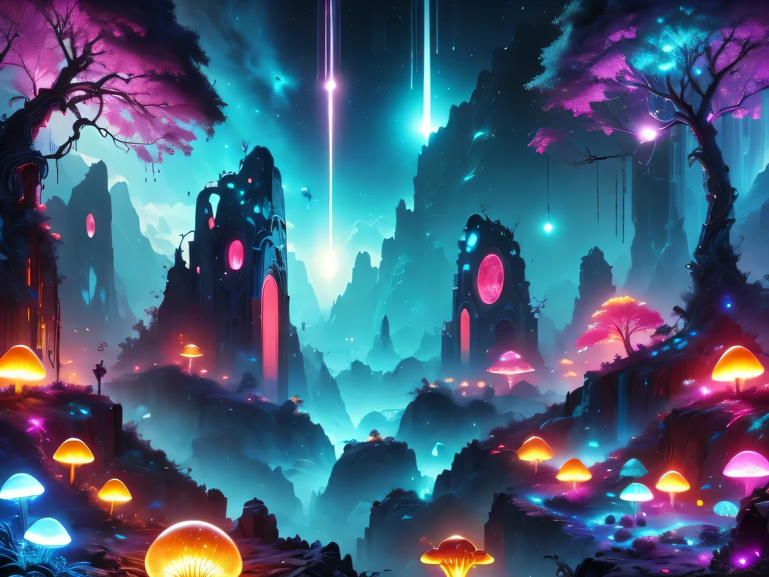 （best quality，4k，8k，HD，masterpiece：1.2），Super detailed，lifelike，alien landscape，beauty，Colorful，original，otherworldly，exotic，alien creature，dense vegetation，otherworldly plants and flowers，glowing mushroom，floating rocks，bioluminescent organisms，ethereal atmosphere，unusual geological formations，crystal-like structure，Alien sky with multiple moons and nebulae，strange constellations，amazing wildlife，unexplored terrain，Vivid and contrasting colors，Weird lighting effects，The ruins of an unknown civilization，alien architecture，energy ball，beam，alien energy，Celestial energy，Peaceful and mysterious atmosphere，spectacular view，majestic mountains，Fall，Surreal reflections，coexisting alien creature，Alien life forms with unique characteristics，close celestial body，strange celestial event，a profound sense of wonder and awe，Intrepid explorer discovers secrets of alien world，infinite possibilities。