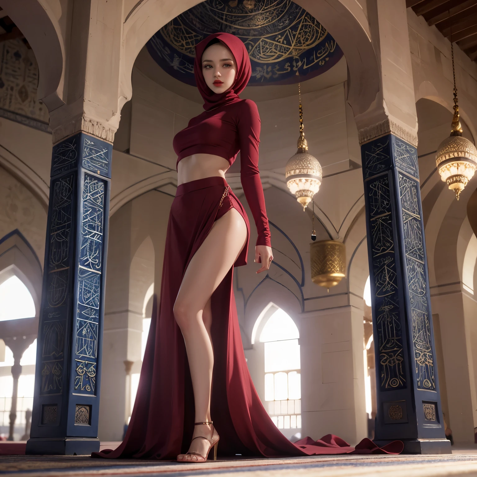 hijab long marron, haut court, jupe longue, (((à l&#39;intérieur de la mosquée))), grand  , visage parfait, cuisse haute, yeux bleus, des lèvres pulpeuses, lèvres rouges