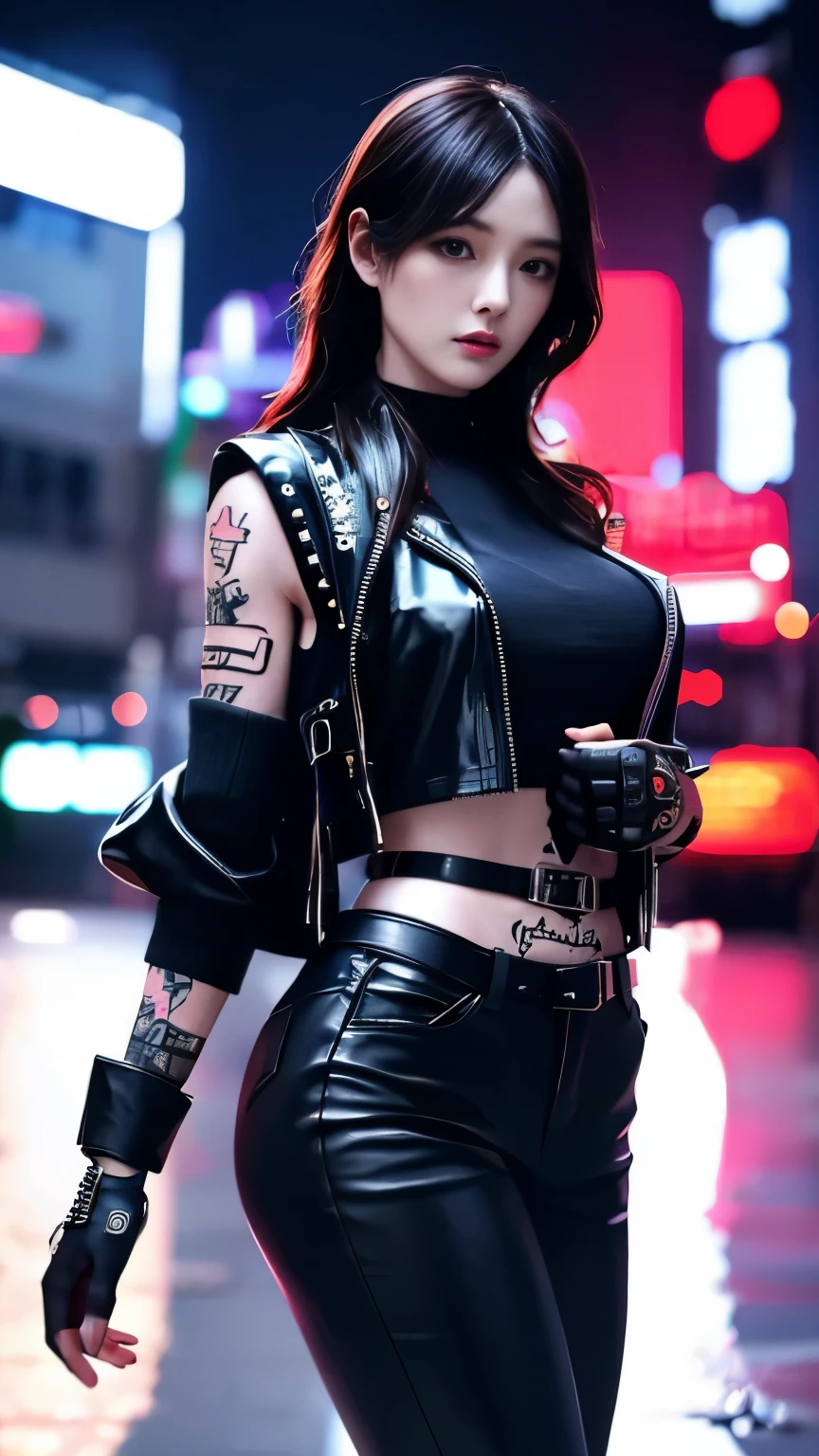 (highest quality)，masterpiece，Super detailed，8K, UHD，Beautiful woman，japanese woman，No expression，whole body，((tattoo))，slim，black leather pants，black leather vest，(female mafia)，gangster，(cyberpunk city)，night，cinematic lightening，underworld