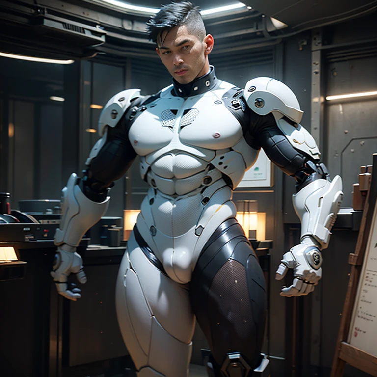 (masutepiece,High resolution,ultra - detailed:1.0),1(Boy,Robot Boy),Perfect male body,Look at the camera,Delicate eyes and delicate face,extremely details CG,Unity 8k Wallpaper,intricate-detail,solo person,Detailed face, (Futuristic skin-perfect white bodysuit), Best Quality, hands visible, (White Gloves), Beautiful and delicate blue short hair:1.5 , full length shot(FLS) , big thighs , big hips , insane details, hyper details , photorealistic , only male , handsome boy , fat buttock , puffy nipples , 16k resolution , ultra-high clarity , Hyperrealism, uhd,. K-pop idol ,   whore , slutty whore , swollen nipples , defeat , Grins ,thick thighs, thick booty. Fat buttocks , male
