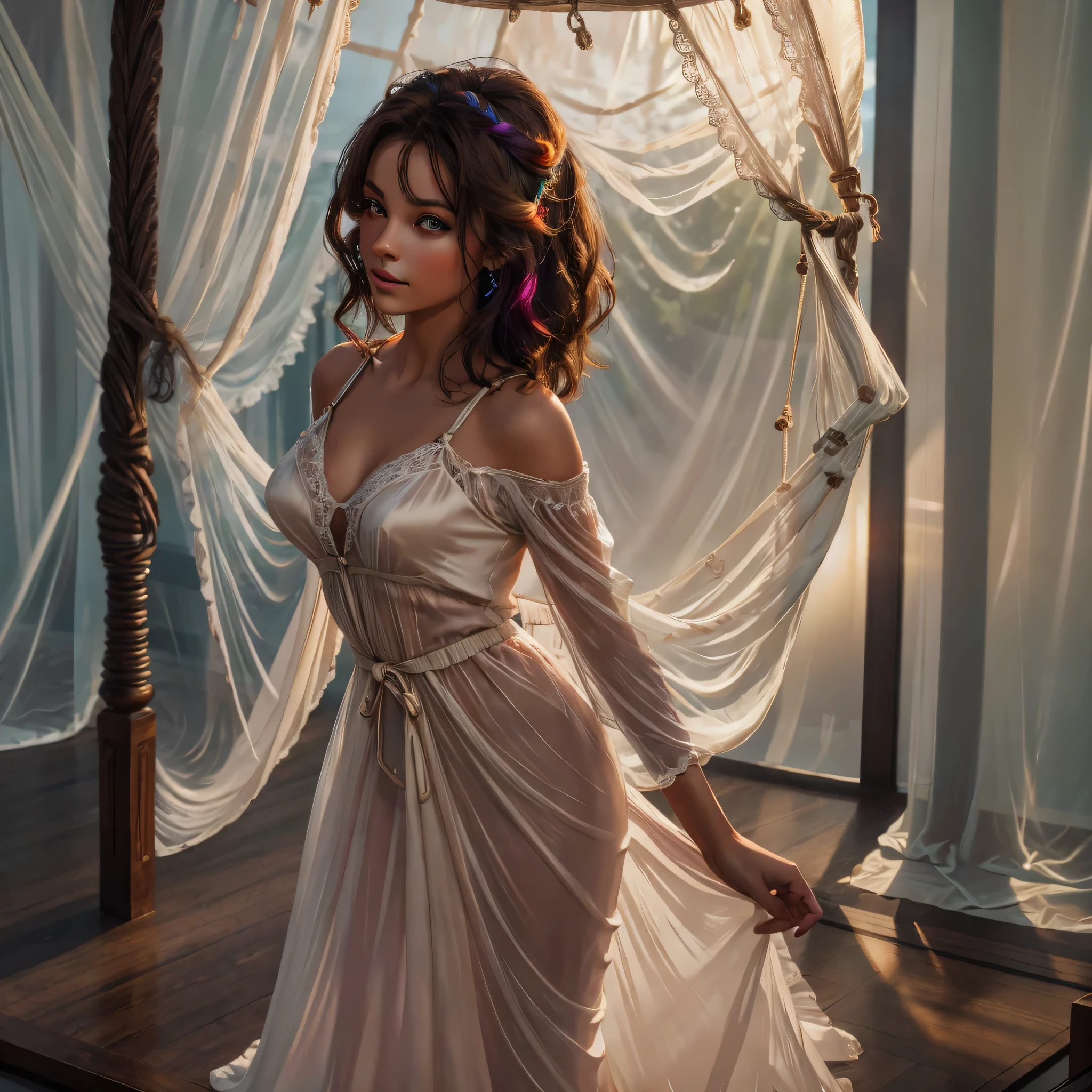 1girl,(bright lighting,romantic setting),dreamy background,,dark hair, mesmerizing gaze, , soft skin, alluring beauty, artistic portrait, high-quality image, vibrant colors,translucent long silk gown, mosquito net, romantic bedroom, sidesuspension