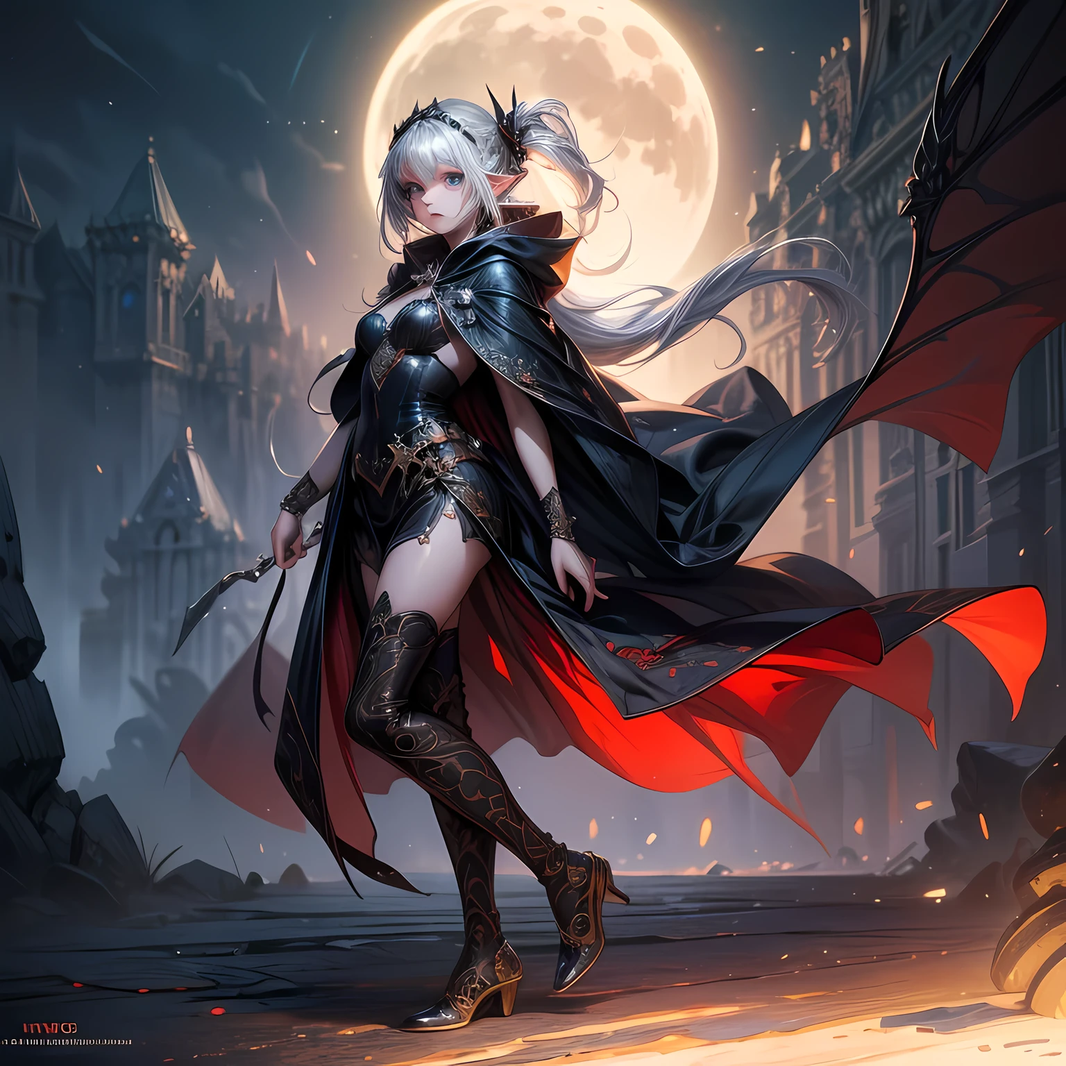 fantasy art, gothic art, (masterpiece:1.5), full body best details, highly detailed, best quality, Glowing Purple, highres, full body portrait of a vampire, elf (Masterpiece, best quality: 1.6), ultra feminine, wizard, (intricate details, Masterpiece, best quality: 1.5) with a long curvy hair, light color hair, blue eyes, (fantasy art, Masterpiece, best quality), ((beautiful delicate face)), Ultra Detailed Face (intricate details, fantasy art, Masterpiece, best quality: 1.5), [[vampiric fangs 1.5]] (red cloak: 1.3) , flowing cloak (intricate details, fantasy art, Masterpiece, best quality: 1.3), wearing an intricate black dress (intricate details, fantasy art, Masterpiece, best quality: 1.5), high heeled boots, urban background (intense details, beat details), fantasy, at night light, natural ,moon light, clouds, gothic atmosphere, soft light, dynamic light, [[anatomically correct]], high details, best quality, 8k, [ultra detailed], masterpiece, best quality, (extremely detailed), dynamic angle