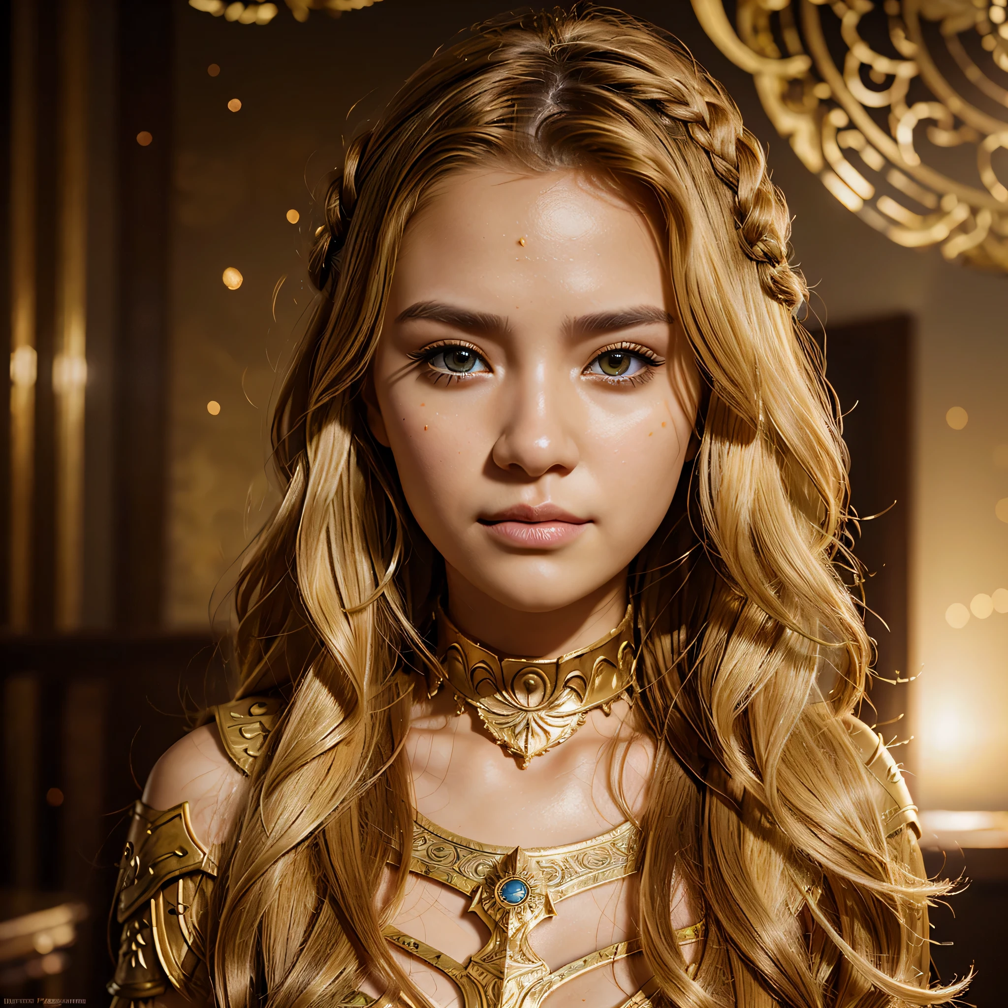 close-up head, facing camera, realistic digital painting portrait of a female human, 3r1nm0r1art72, cute smile, (wavy hair:1.1), (blonde hair:1.3), magical yellow universe, white magic cloth armour with yellow engrave in intricate details, (abstract, background:1.2), (light particle:1.1), (very detailed skin:1.2), (game concept:1.3), (elden ring style:1.3), (arcane style:0.8), (depth of field:1.3), global illumination, art by hoang lap and fuji hoko and artgerm and greg rutkowski and viktoria gavrilenko 
