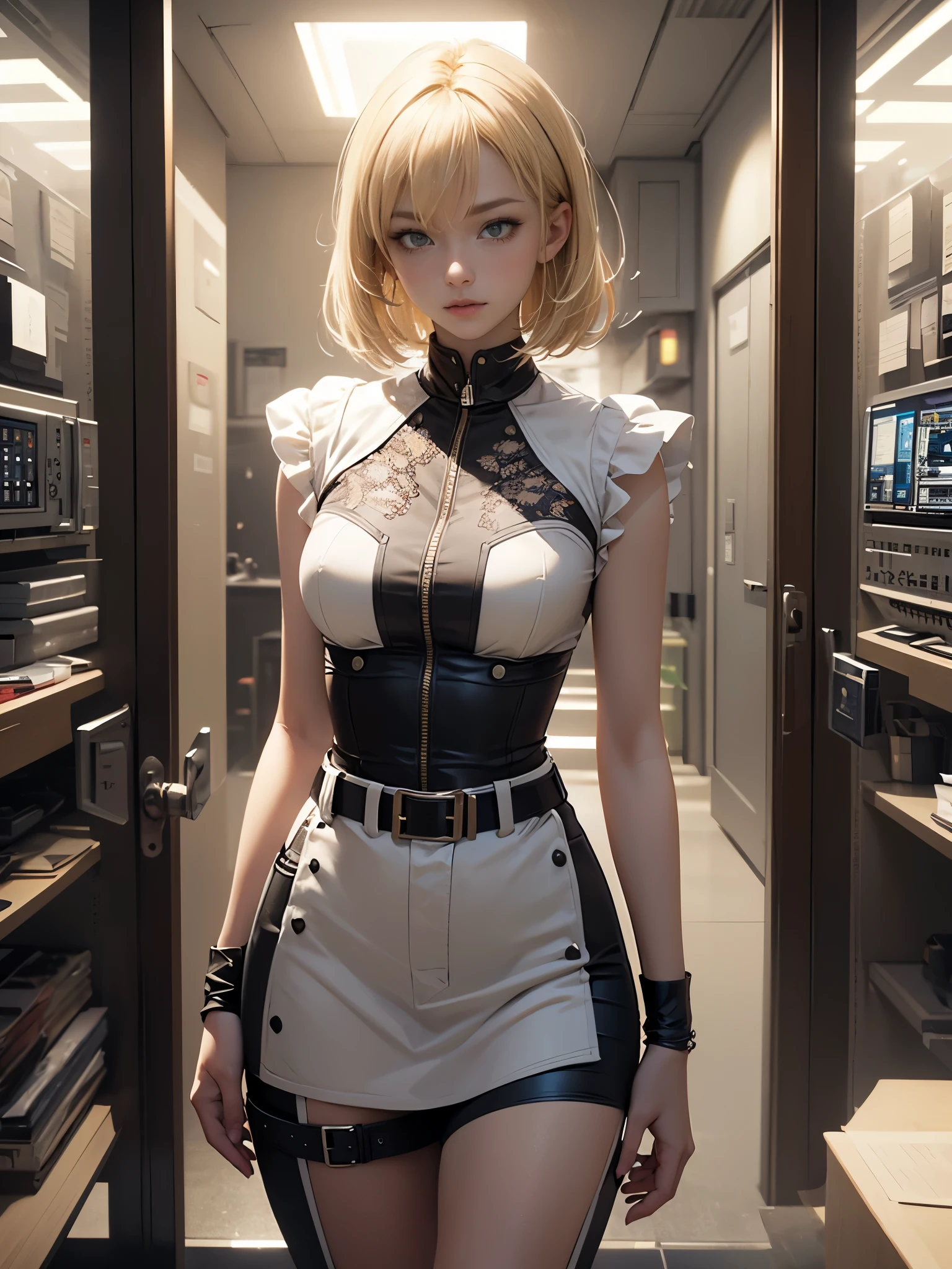 ((sfw:1.5))、highest quality, artwork, eye reflection, highest quality, One female,  blonde, short style hairstyle, green eyes, upper arm,  practical belt, alone, operator with intercom、control room, 8K, artwork, High resolution, disorganized, Natural volumetric lighting and better shadows, deep い is written in the depth of the world, sharp focus, dirty face, very hot,   highly detailed landscape, goddess、（anatomically correct）、（perfect body proportions)、 ((perfect hands))、 (((perfect fingers)))、(oily skin:1.5)、
