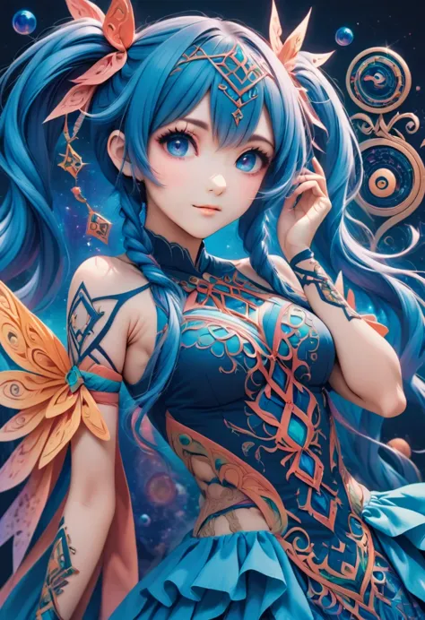 **zentangle and origami-inspired magical anime character image generation (blue hair - multiple full-body poses):**

generate an...