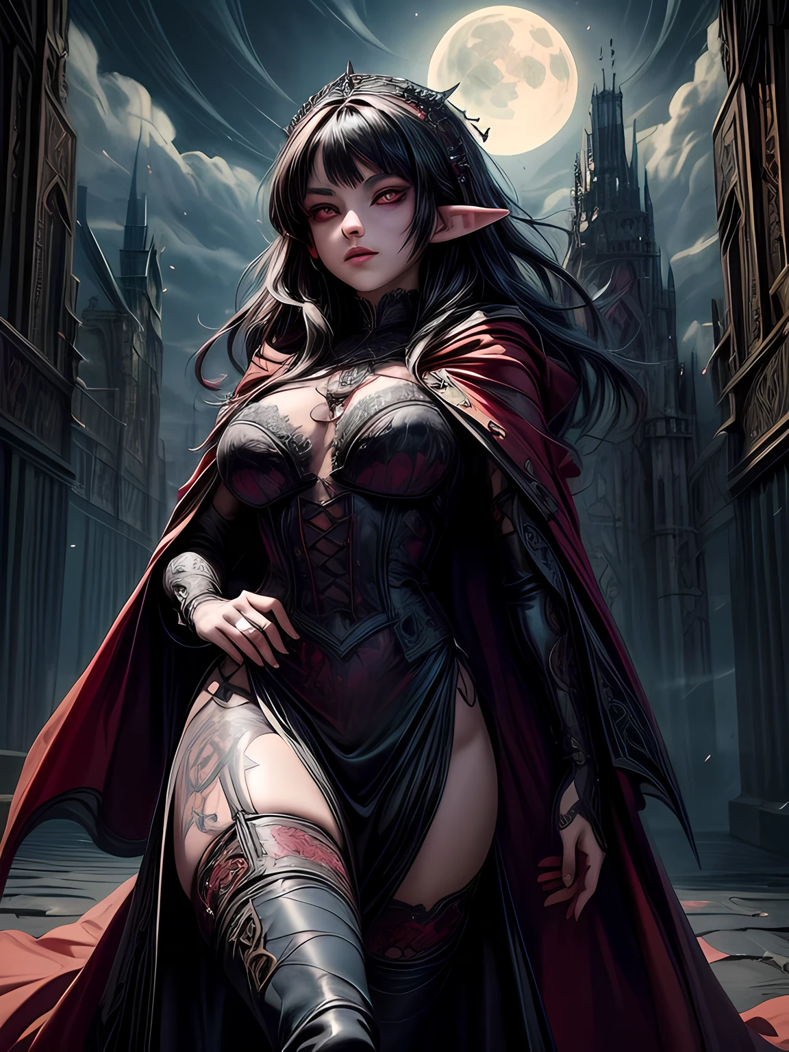 anime art, realistic gothic art, (masterpiece:1.5), full body best details, highly detailed, best quality, Glowing Purple, highres, full body portrait of a vampire, elf (Masterpiece, best quality: 1.6), ultra feminine, wizard, (intricate details, Masterpiece, best quality: 1.5) with a long curvy hair,  black hair hair, (red: 1.2) eyes, (fantasy art, Masterpiece, best quality), ((beautiful delicate face)), Ultra Detailed Face (intricate details, fantasy art, Masterpiece, best quality: 1.5), [[vampiric fangs 1.5]] (red cloak: 1.3) , flowing cloak (intricate details, fantasy art, Masterpiece, best quality: 1.3), wearing an intricate (blue:1.3) dress (intricate details, fantasy art, Masterpiece, best quality: 1.5), high heeled boots, urban background (intense details, beat details), fantasy, at night light, natural ,moon light, clouds, gothic atmosphere, soft light, dynamic light, [[anatomically correct]], high details, best quality, 8k, [ultra detailed], masterpiece, best quality, (extremely detailed), dynamic angle