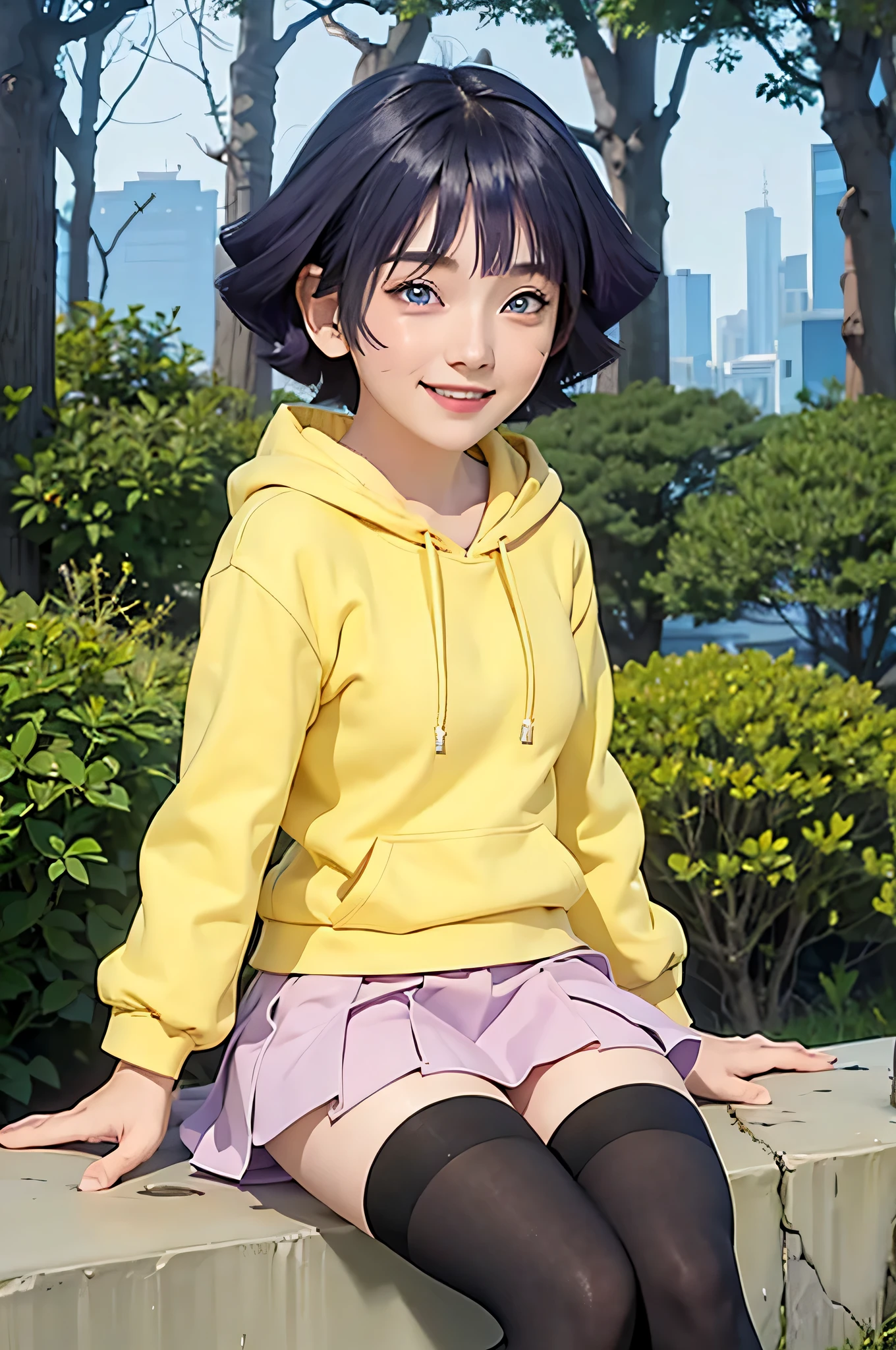 여자 1명, himawari anime naruto shipudden, 짧은 머리 , 보라색 머리카락, 파란 눈, 아름다운, 노란 옷 , 웃다, 현실적인 clothes, 디테일 옷, 도시 배경, 울트라 디테일, 현실적인