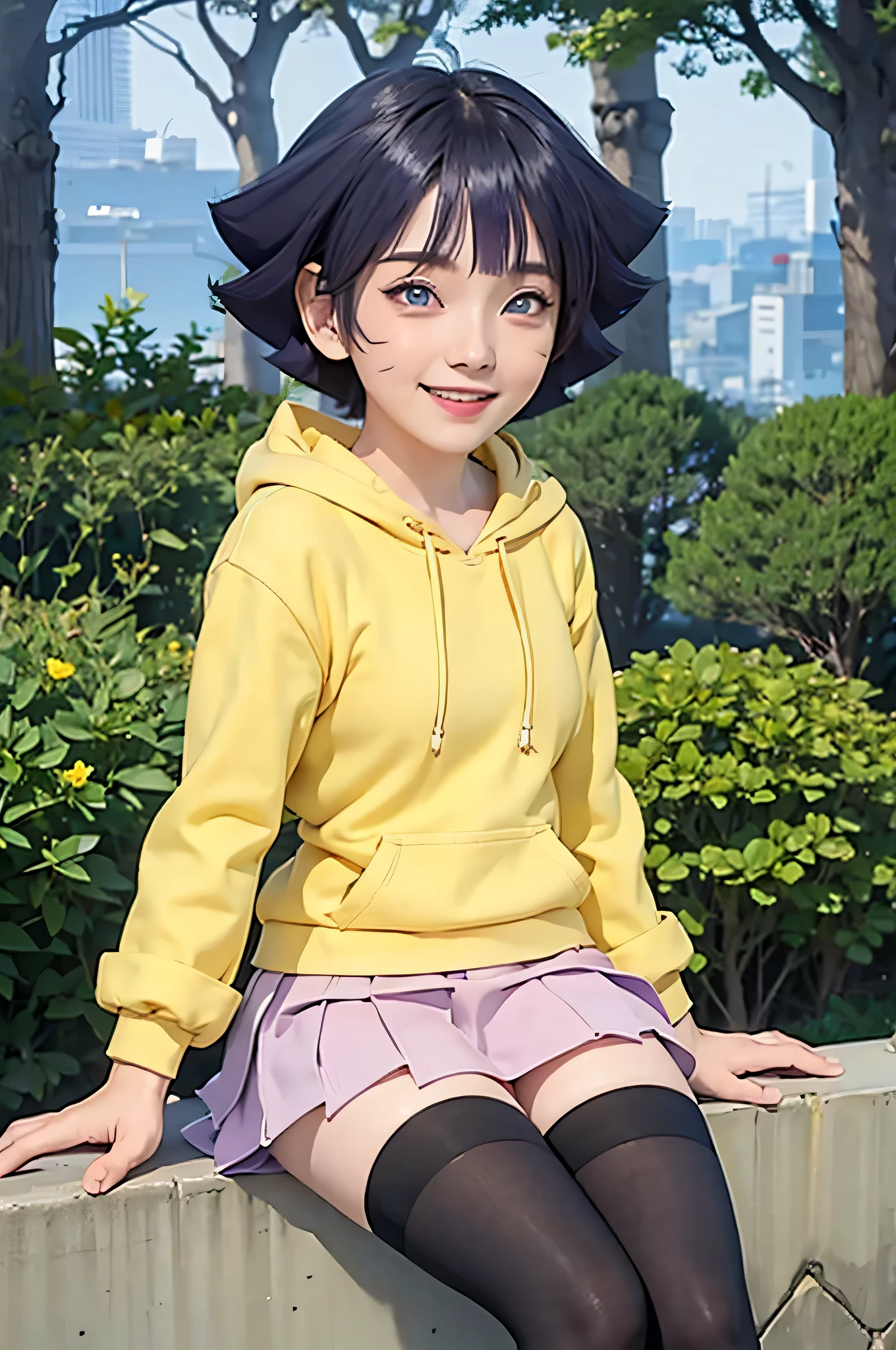 1 Mädchen, Himawari Anime Naruto Shipudden, Kurzes Haar , lila Haare, blaue Augen, Schön, gelbe Kleidung , lächeln, realistisch clothes, detail kleidung, Stadthintergrund, Ultra-Detail, realistisch