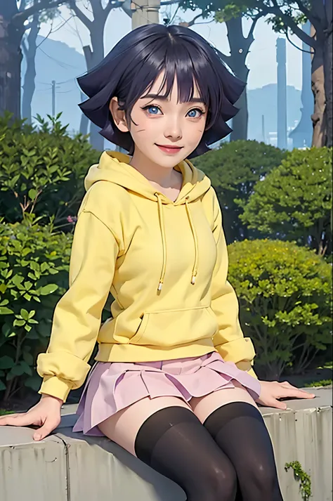 1girl, himawari anime naruto shipudden, short hair , purple hair, blue eyes, beautiful, yellow clothes , smile, realistic clothe...