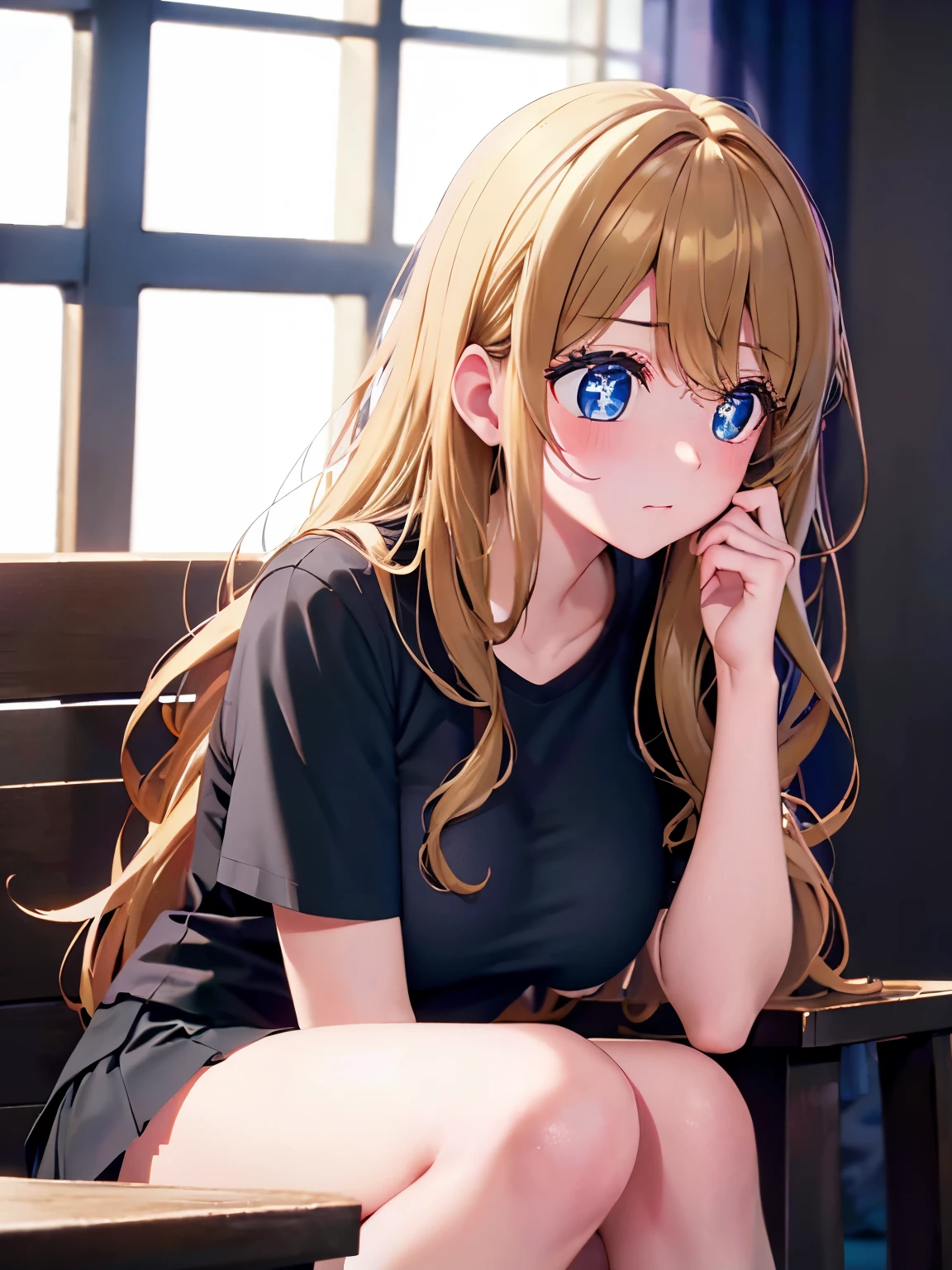 Anime girl sitting on a bench with her hand on her chin - SeaArt AI