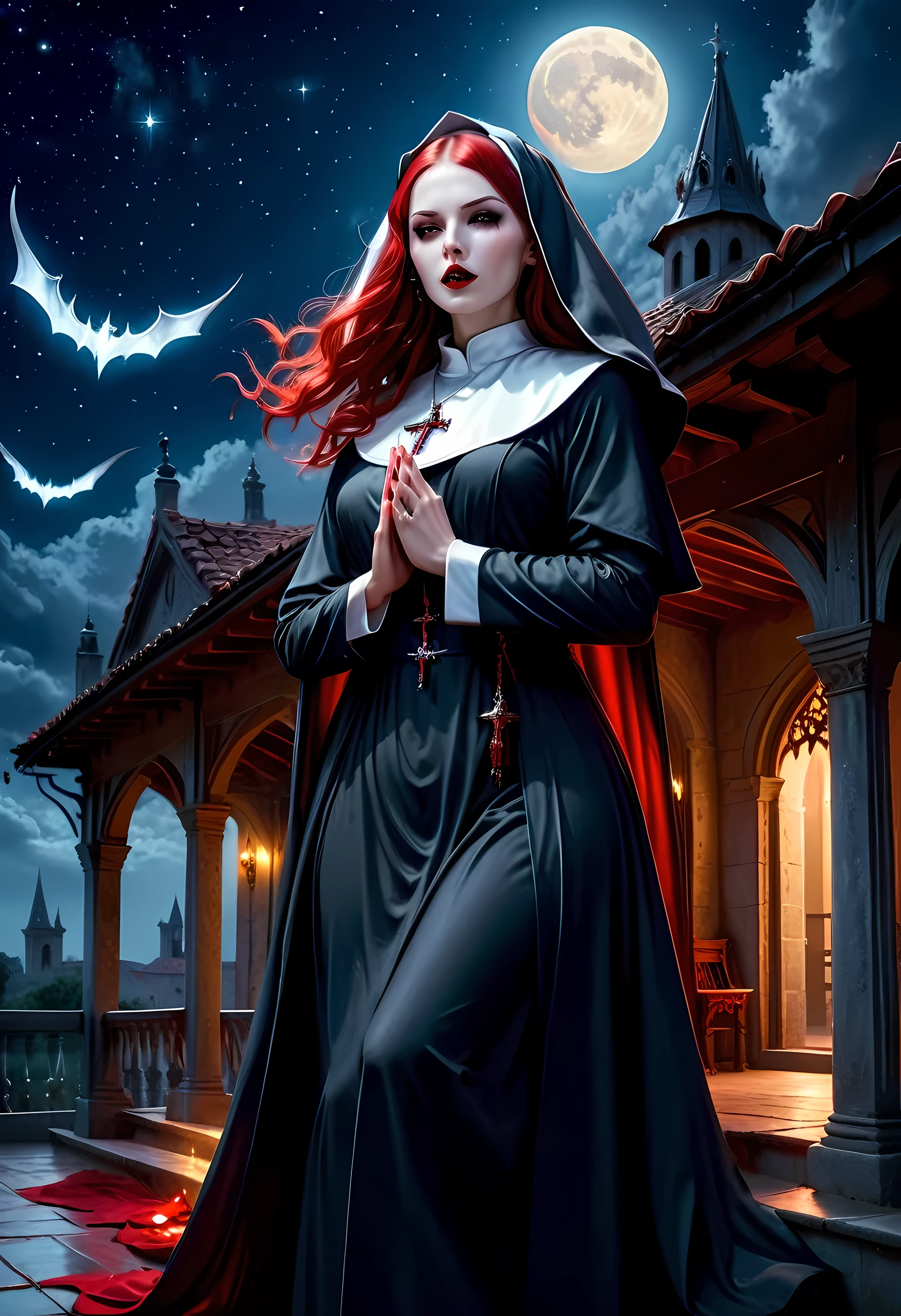 a picture of an exquisite beautiful female (nun: 1.3) vampire standing under the starry night sky on the porch of her monastary, action shot, dynamic angle (ultra detailed, Masterpiece, best quality), ultra detailed face (ultra detailed, Masterpiece, best quality), ultra feminine, (pale skin: 1.3), red hair, wavy hair, dynamic eyes color, cold eyes, glowing eyes, intense eyes, dark red lips, [fangs], wearing white nun habit (ultra detailed, Masterpiece, best quality), wearing blue cloak (ultra detailed, Masterpiece, best quality), long cloak, flowing cloak (ultra detailed, Masterpiece, best quality), wearing high heeled boots, sky full of stars background, moon, bats flying about, action shot, high details, best quality, 16k, [ultra detailed], masterpiece, best quality, (ultra detailed), full body, ultra wide shot, photorealism, dark fantasy art, dark fantasy art, gothic art, many stars, dark fantasy art, gothic art, sense of dread, bloodmagic