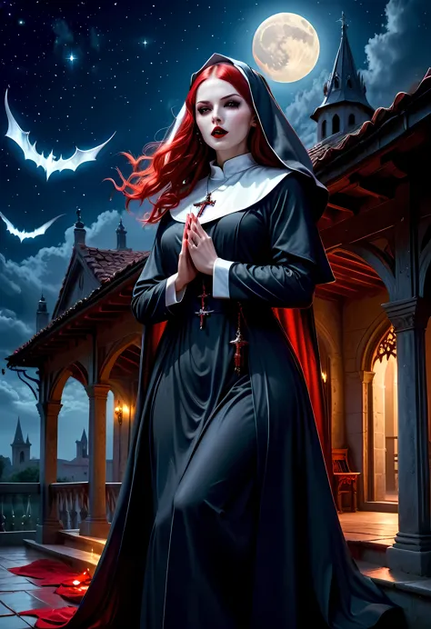 a picture of an exquisite beautiful female (nun: 1.3) vampire standing under the starry night sky on the porch of her monastary,...