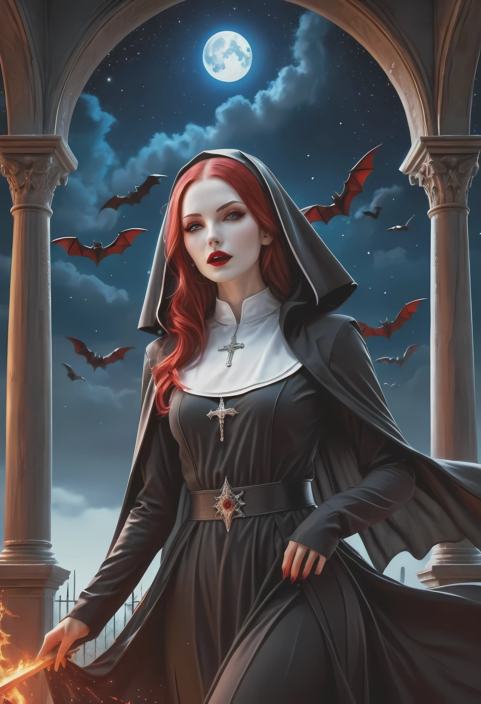a picture of an exquisite beautiful female (nun: 1.3) vampire standing under the starry night sky on the porch of her monastary, action shot, dynamic angle (ultra detailed, Masterpiece, best quality), ultra detailed face (ultra detailed, Masterpiece, best quality), ultra feminine, (pale skin: 1.3), red hair, wavy hair, dynamic eyes color, cold eyes, glowing eyes, intense eyes, dark red lips, [fangs], wearing white nun habit (ultra detailed, Masterpiece, best quality), wearing blue cloak (ultra detailed, Masterpiece, best quality), long cloak, flowing cloak (ultra detailed, Masterpiece, best quality), wearing high heeled boots, sky full of stars background, moon, bats flying about, action shot, high details, best quality, 16k, [ultra detailed], masterpiece, best quality, (ultra detailed), full body, ultra wide shot, photorealism, dark fantasy art, dark fantasy art, gothic art, many stars, dark fantasy art, gothic art, sense of dread, bloodmagic