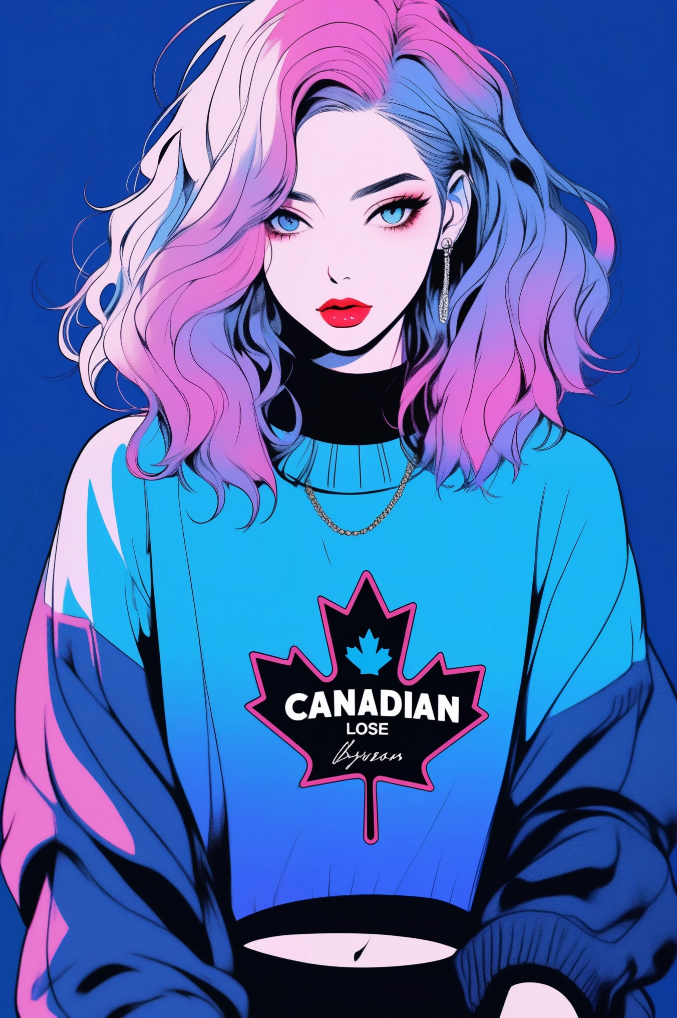 (best quality, sketch:1.2),realistic,illustrator,anime,1 girl, detailed lips,sweater,custom,blue gradient background,neon hair,textured cropping,Canadian, masterpiece, style retro classic, noir dark 