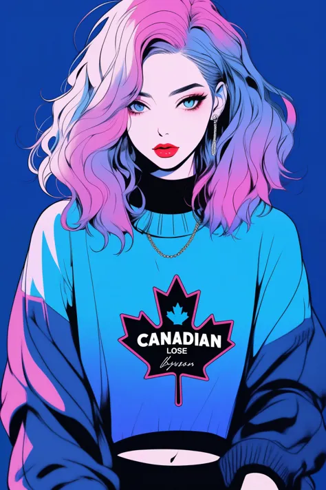 (best quality, sketch:1.2),realistic,illustrator,anime,1 girl, detailed lips,sweater,custom,blue gradient background,neon hair,t...