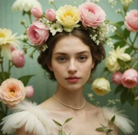 arafed image of a woman with a flower crown on her head, the flower crown, she has a crown of flowers, floral crown, monia merlo...