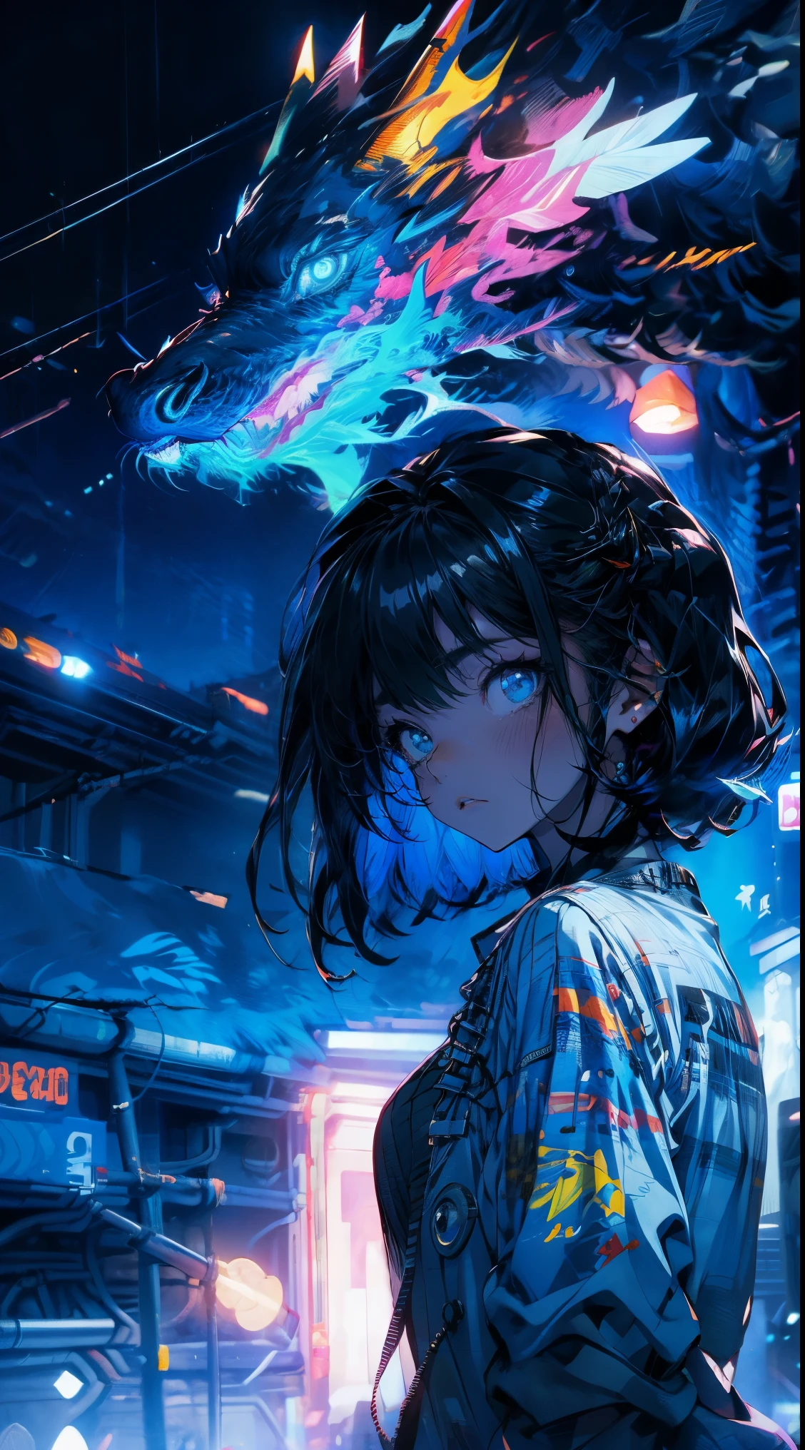 master paintings，optimal quality，rain，adult woman，beauty、very depressive，With short black hair，is crying，Looking up at a cloudy sky、Neon street in the background、neon color is blue.