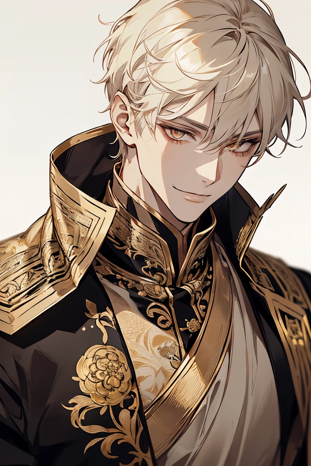 1 male, calm, aldult, Handsome, white short hair, ((golden eyes))，Exquisite facial features details，exquisite eyes, royalties, prince, Wearing black Chinese style clothing，There are gold embroideries on the clothes, Chinese classical palaces, aldult face, close up, Indifferent smile，mild