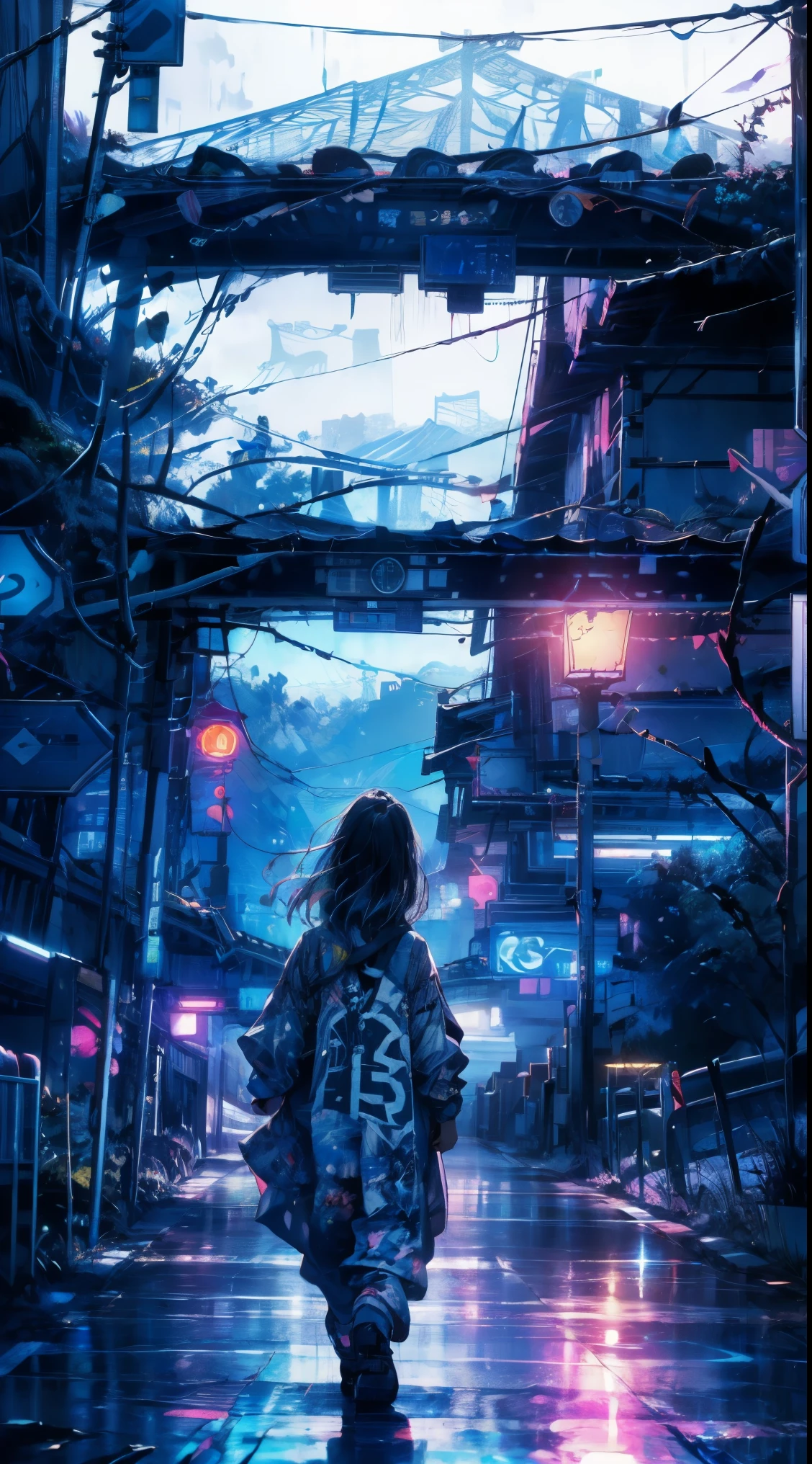 master paintings，optimal quality，rain，adult woman，beauty、very depressive，With short black hair，is crying，Looking up at a cloudy sky、Neon street in the background、neon color is blue,dark city with many people walking.