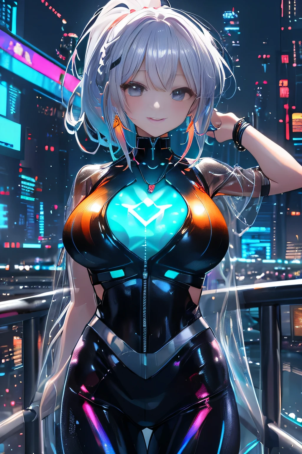 cyber city at night,(Gorgeous night view illumination:1.3).(Sexy super shiny orange transparent holographic mechanical cyberpunk suit:1.3) ,necklace,earrings, smile.sexy pose, (silver hair、Ponytail twisted buns decorated with elaborate braids and beads,Braided setup fishbone hair,colorful hair tips),(The bangs are see-through bangs),(hairpin、ponytail、floating hair、),Breast flick,(emphasize big breasts:1.3),professional lighting,cinematic light,(table top,highest quality,Ultra high resolution output image,) ,(8K quality,),(sea art 2 mode:1.3),,(Image mode Ultra HD,)