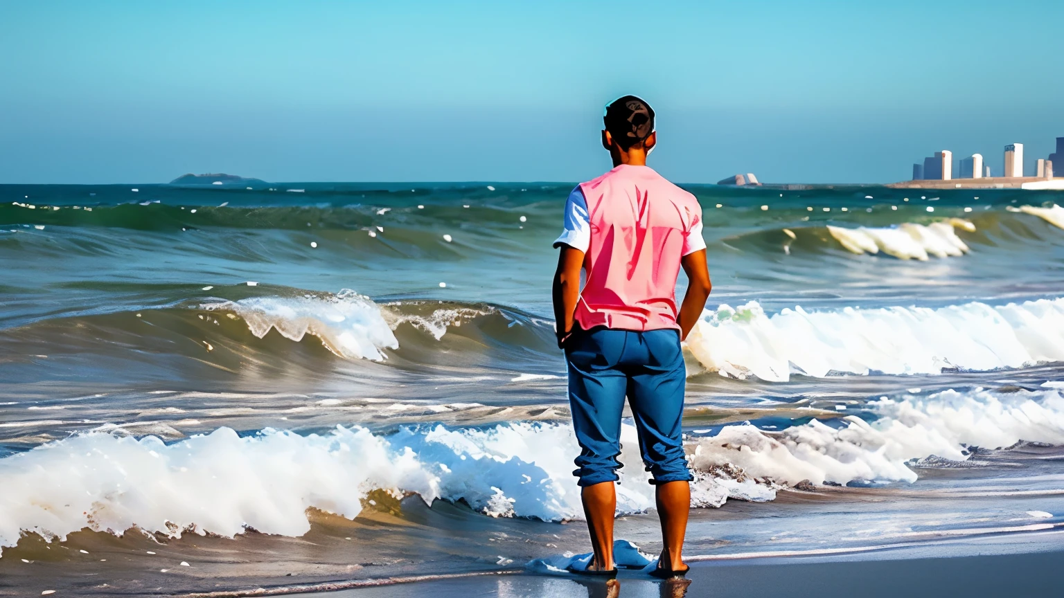 Il y a un homme debout sur la plage qui regarde l'océan - SeaArt AI