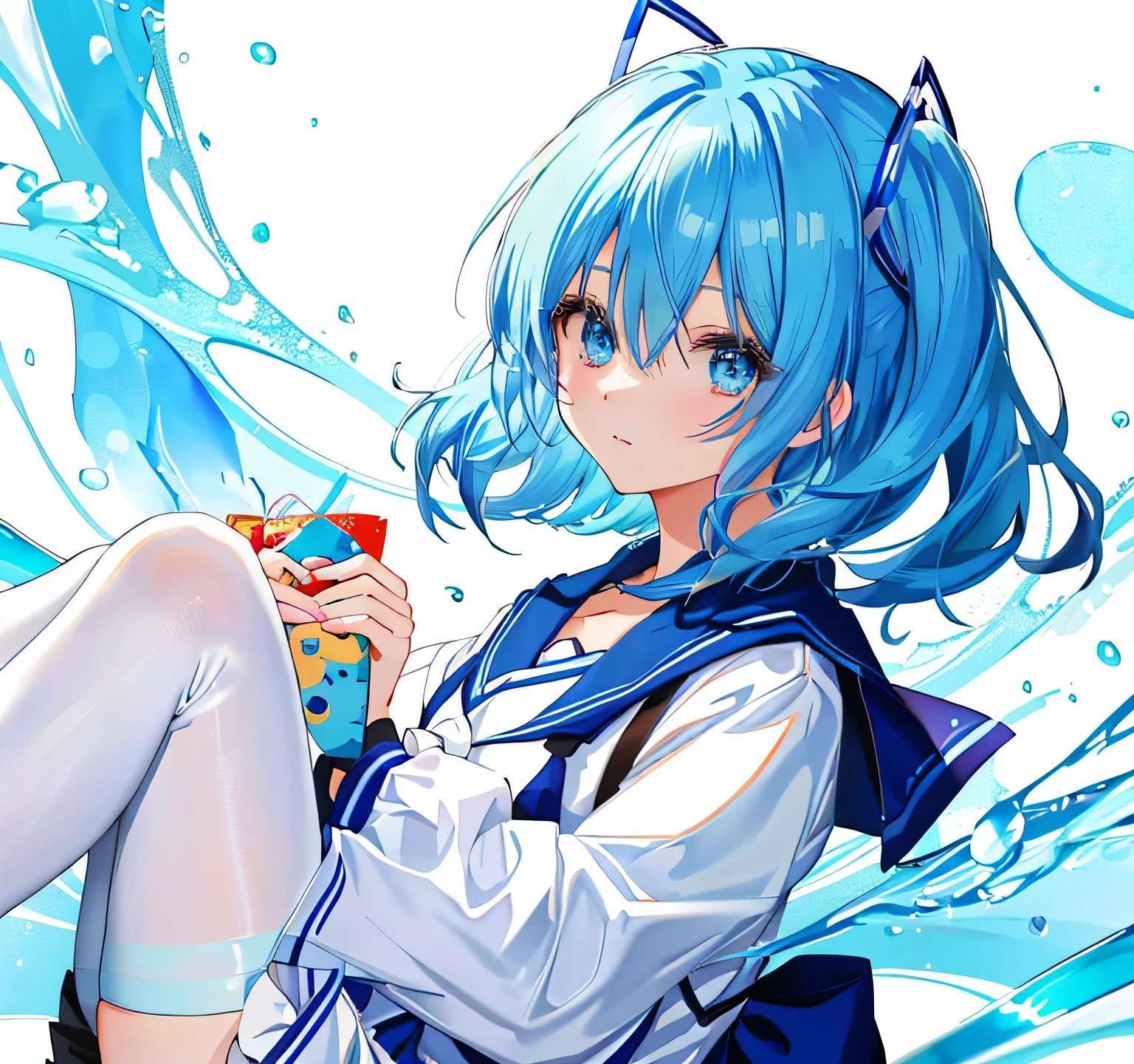 Anime girl with blue hair and blue eyes holding a donut, she has a cute expressive face, Young anime girl close up, anime Mo artstyle, Screenshot of anime 2 0 1 9, anime image of a cute girl, Tensei Shitara Slime Datta Ken, cute anime face, Anime portrait of Cirno, Very cute anime girl face, Fa chyan, mofu mofu, blue hair, cute  like face