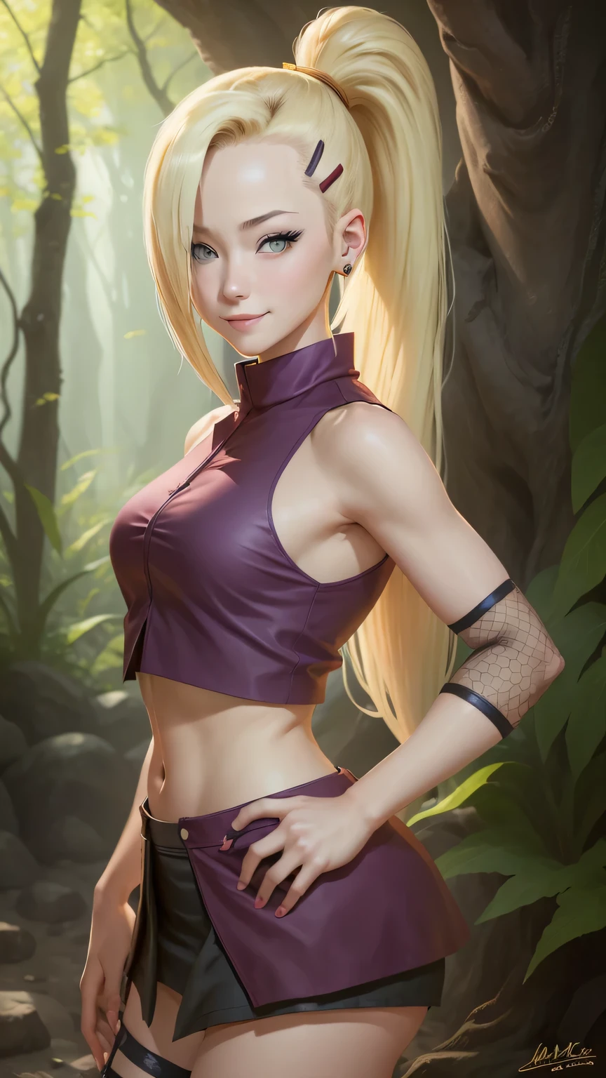 (masterpiece, best quality:1.2), solo, 1girl, yamanaka ino, smile, looking at viewer, hair over one eye, ponytail, hairclip, crop top, sleeveless, skirt, fishnets, earrings, midriff, forest 