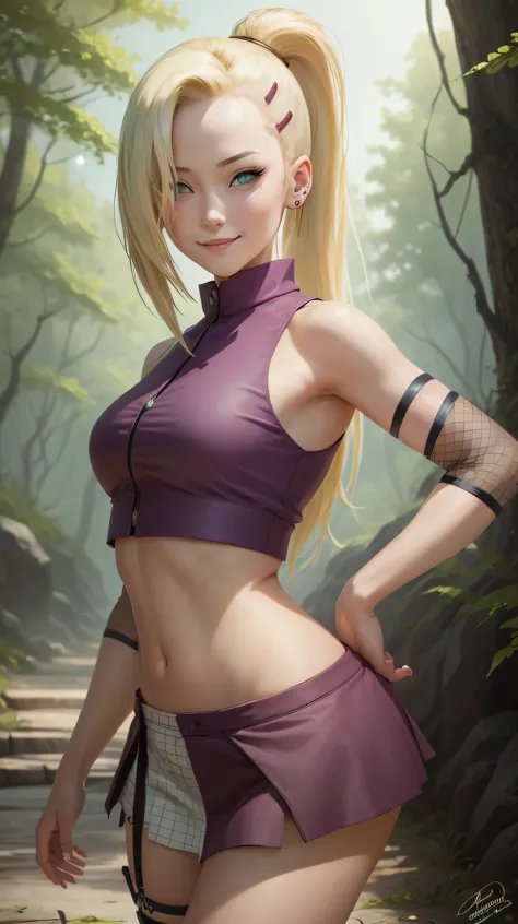 (masterpiece, best quality:1.2), solo, 1girl, yamanaka ino, smile, looking at viewer, hair over one eye, ponytail, hairclip, cro...