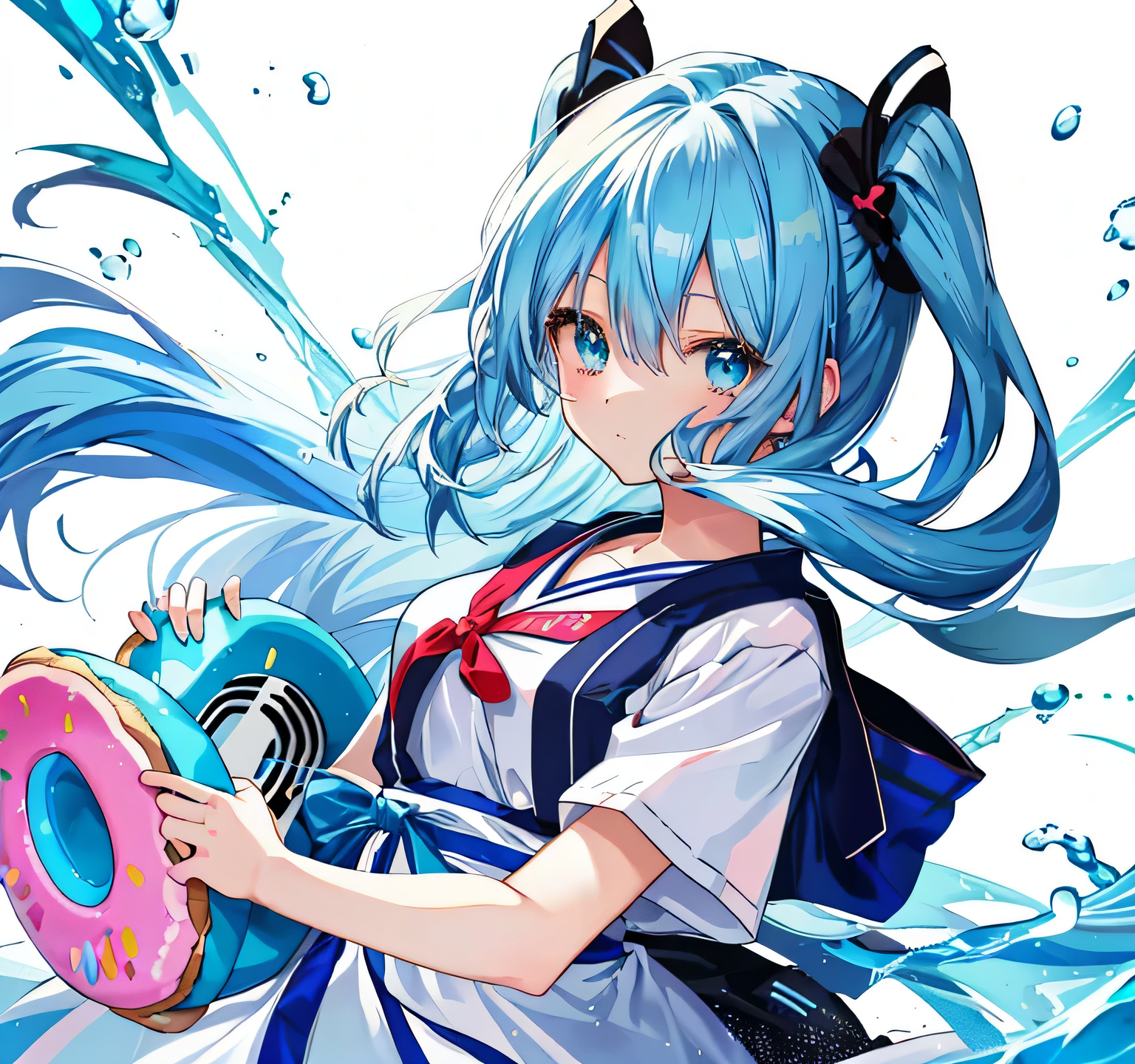 Anime girl with blue hair and blue eyes holding a donut, she has a cute expressive face, Young anime girl close up, anime Mo artstyle, Screenshot of anime 2 0 1 9, anime image of a cute girl, Tensei Shitara Slime Datta Ken, cute anime face, Anime portrait of Cirno, Very cute anime girl face, Fa chyan, mofu mofu, blue hair, cute  like face