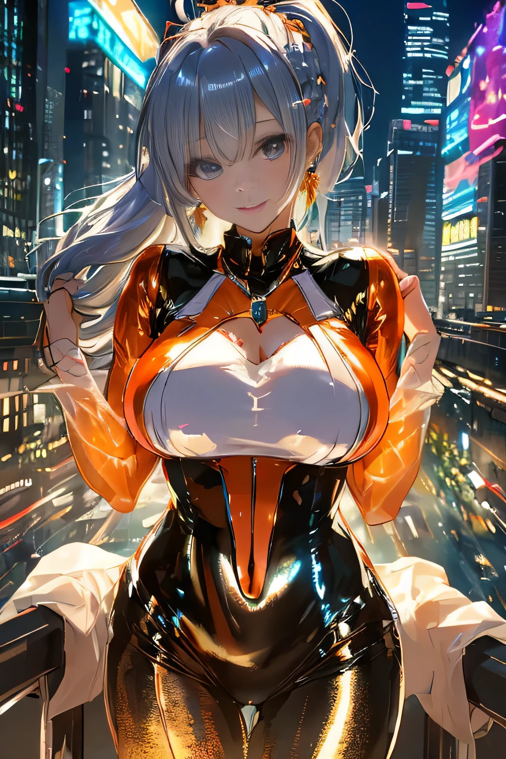 cyber city at night,(Gorgeous night view illumination:1.3).(Sexy super shiny orange transparent holographic mechanical suit:1.3) ,necklace,earrings, smile.sexy pose, (silver hair、Ponytail twisted buns decorated with elaborate braids and beads,Braided setup fishbone hair,colorful hair tips),(The bangs are see-through bangs),(hairpin、ponytail、floating hair、),Breast flick,(emphasize big breasts:1.3),professional lighting,cinematic light,(table top,highest quality,Ultra high resolution output image,) ,(8K quality,),(sea art 2 mode:1.3),,(Image mode Ultra HD,)