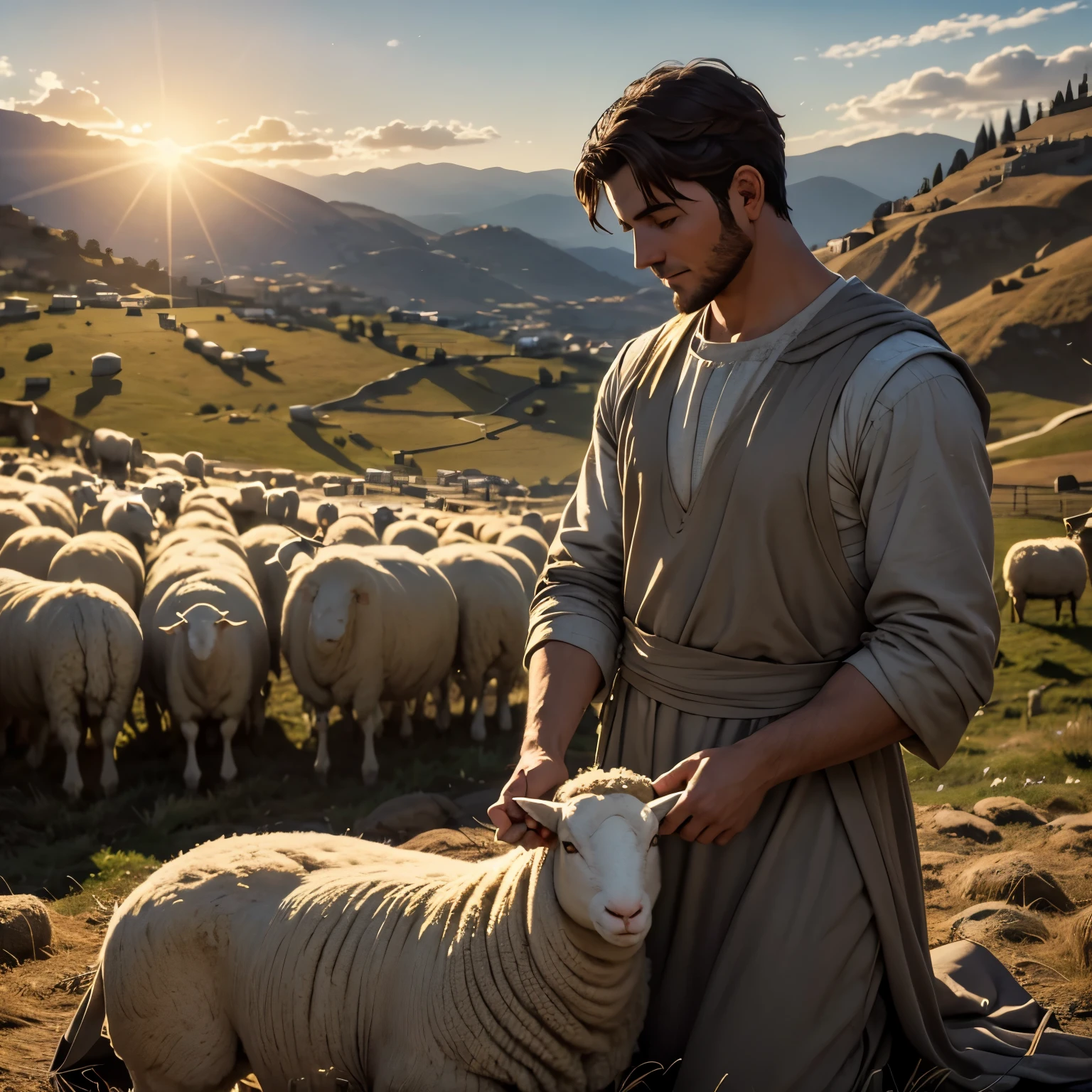 A serene scene of a young David lovingly tending his sheep in the hills of Bethlehem, with the morning sun shining in the background, highlighting his devotion and responsibility as a pastor. 8K,CINEMATIC