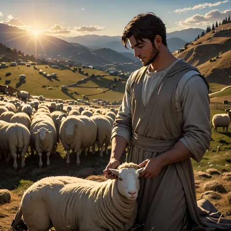 A serene scene of a young David lovingly tending his sheep in the hills of Bethlehem, with the morning sun shining in the backgr...