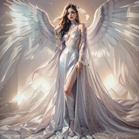 Beautiful woman in very long translucent satin dress andwith angel wings