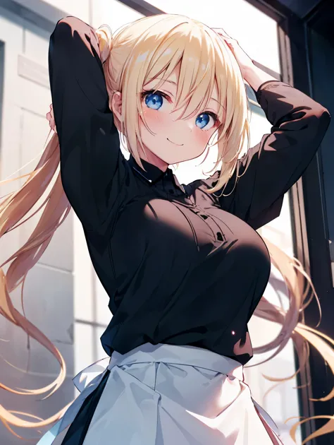 1girl in, (chiquita:1.2), kaho hyuga, a blond, twin-tailed,

black shirt, white skirt, large boob,  
(best quality, hight resolu...