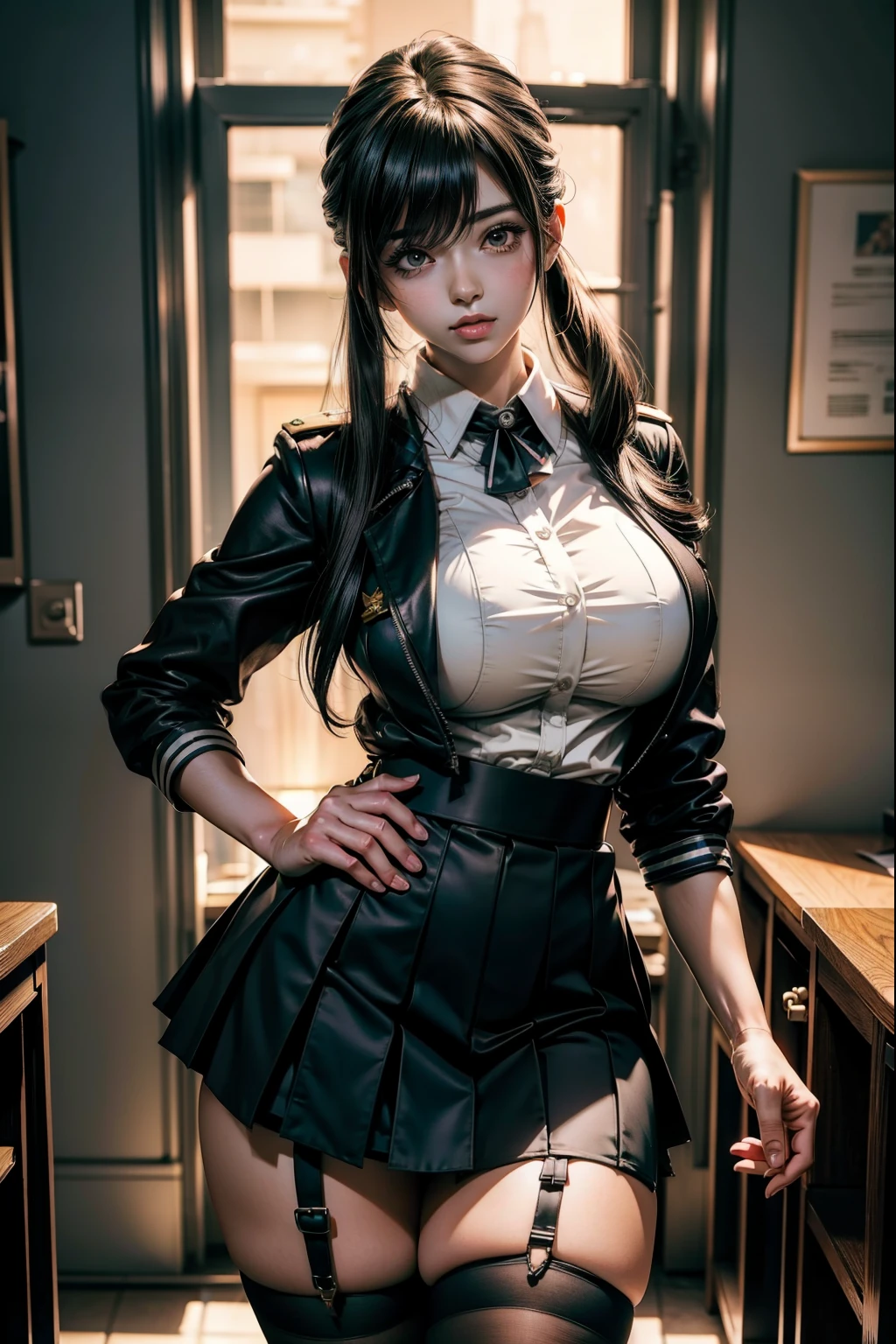 Anime-Mädchen in Uniform mit Rock und Strümpfen steht in einem Zimmer., hyperRealist , a hyperRealist , Realist , Abonnieren, schönes Anime-Mädchen, das hockt, verführerisches Anime-Mädchen, Hintergrundbeleuchtung, Ecchi-Anime-Stil, geduckt, cyber Schulmädchen, Schulmädchen, (SFW) Arbeitsversicherung, Anime Dienstmädchen SS Militär