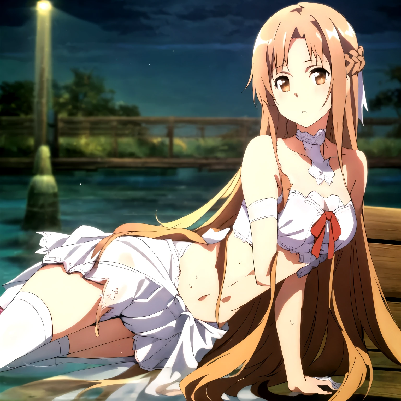 Anime girl sitting on a bench with long hair and a white dress - SeaArt AI