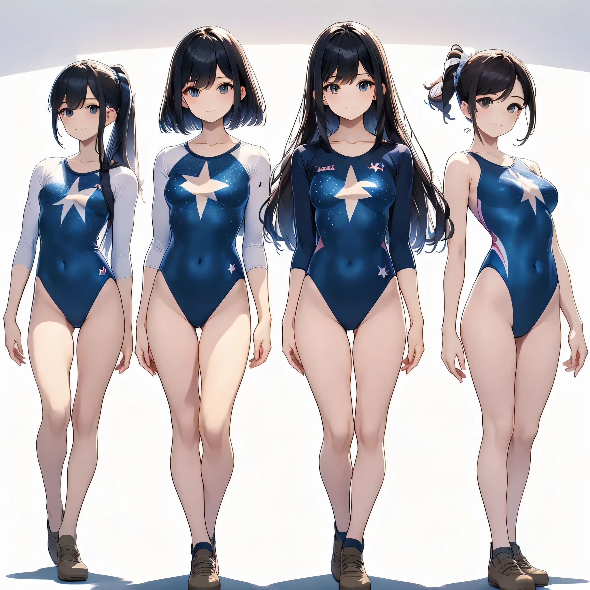 ((full body)),(masterpiece, best quality), (3 girls1.5) ,((Contrapposto:1.5)), looking at viewer, walking,((v_arms:1.2)), wearing gymnastics_longsleeves_leotard_outfit leotard:1.3),(blue leotard) ,(stars print:1.3), BREAK masterpiece black hair, ((long hair:1.2)), ((parted bangs:1.3)), black eyes, good hand, ((small breasts)), (over 20 years old, under 25 years old:1.2), , spotlight, happy, smile, BREAK in the class room