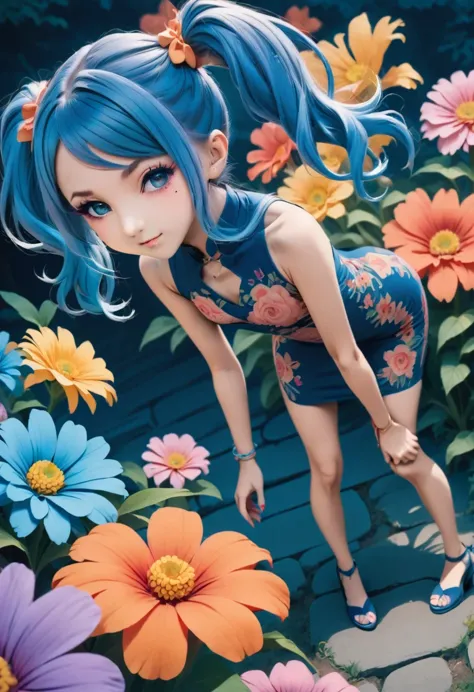 aisha hanabi, blue hair, side pigtails, mole under eye, flat chested, anime style, stunning flower printed tight dress, full bod...