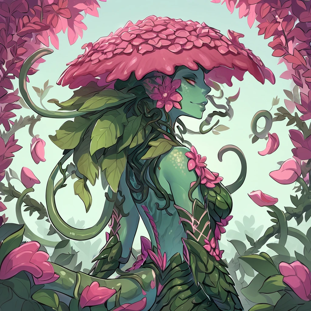 A blue-green skinned Alraune monster girl with a huge pink rafflesia flower topped with a darker pink flower with jagged leaves on her head and back and vines snaking out and dressed in leaf armor
