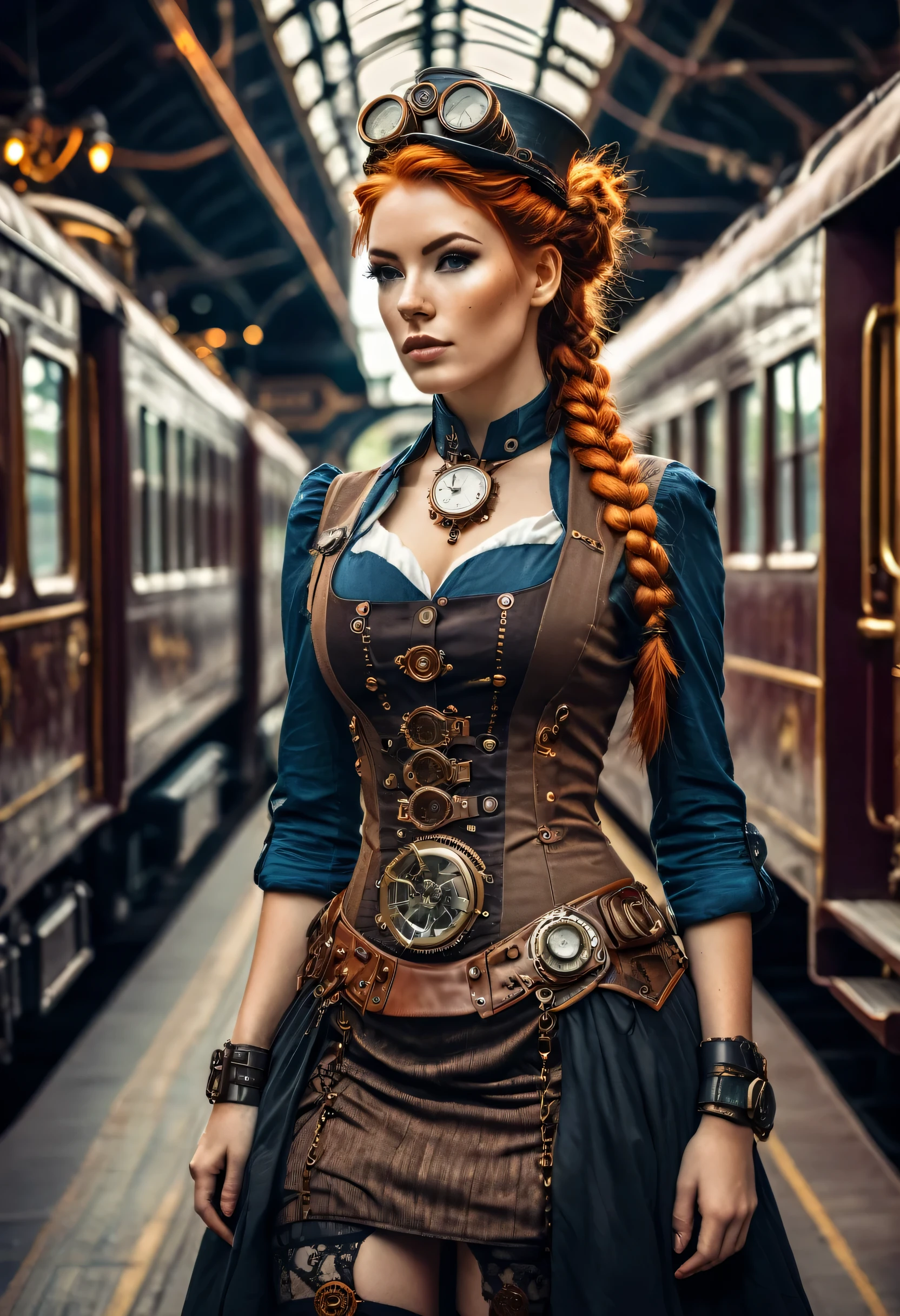 (Realisttic:1.2), estilo de fotografía analógica, Mujer hermosa, posando, con pecas y pelo largo pelirrojo trenzado, (steampunk dark fantasy atmosphere), luz natural suave, lindo y sexy, gran calidad, usa un lindo vestido Strampunk y te mira, sala steampunk, obra maestra, fondo extraño detallado, mejor interpretación, calidad 16K, hdr, foto cruda, tren steampunk Station, tren steampunk