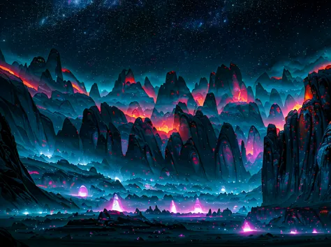 (bright colors, vibrant hues, glowing lights, sci-fi:1.1), detailed rocks and mountains, alien blue plants, strange and unique t...