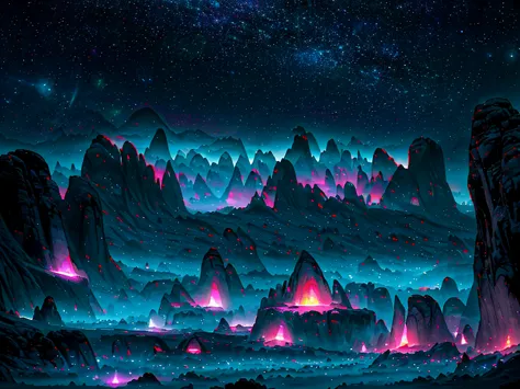 (bright colors, vibrant hues, glowing lights, sci-fi:1.1), detailed rocks and mountains, alien blue plants, strange and unique t...